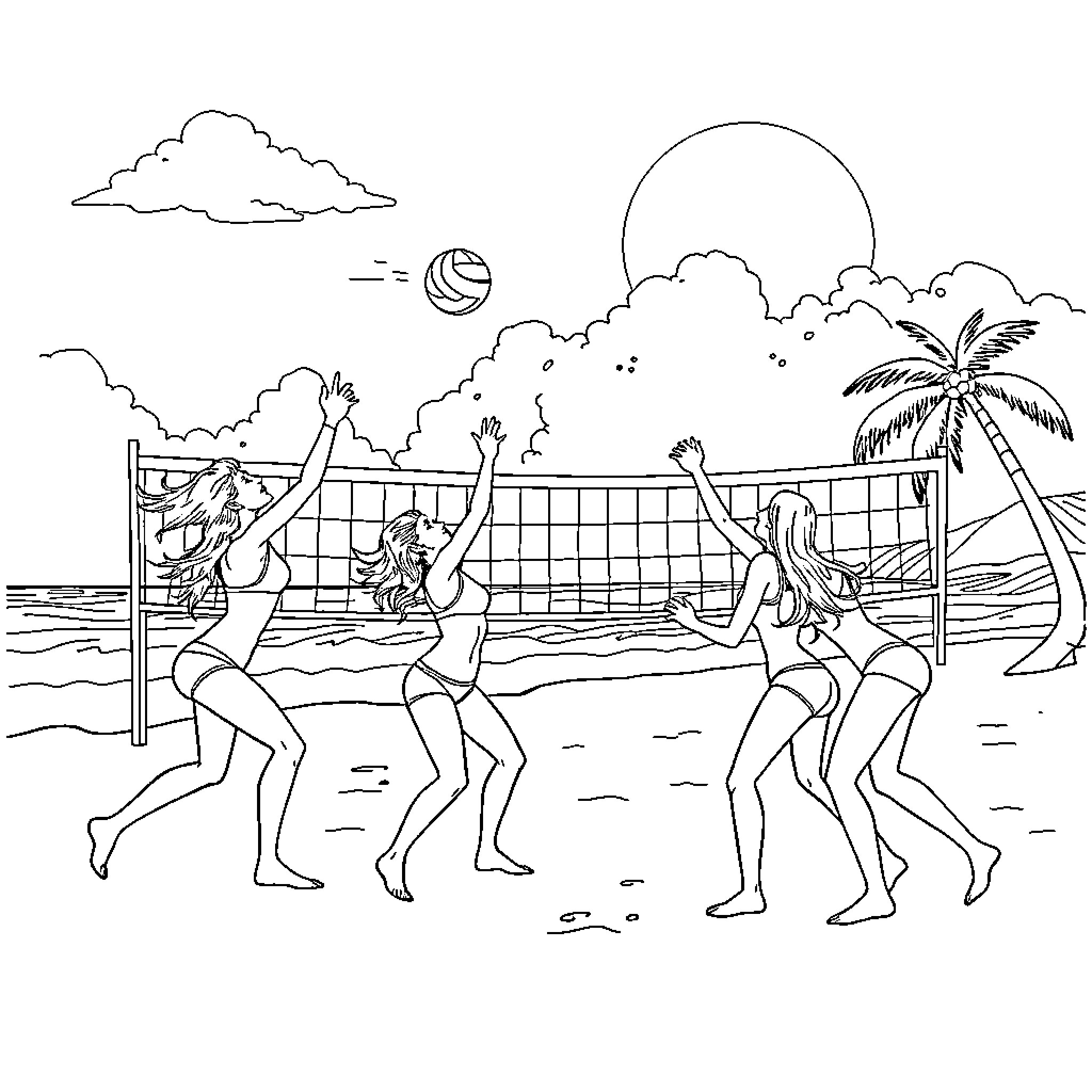 Woman playing beach volleyball on a sunny day Coloring Page (free black-and-white line drawing printable PDF for all, from beginners to advanced learners, including children, teens, adults, and seniors)