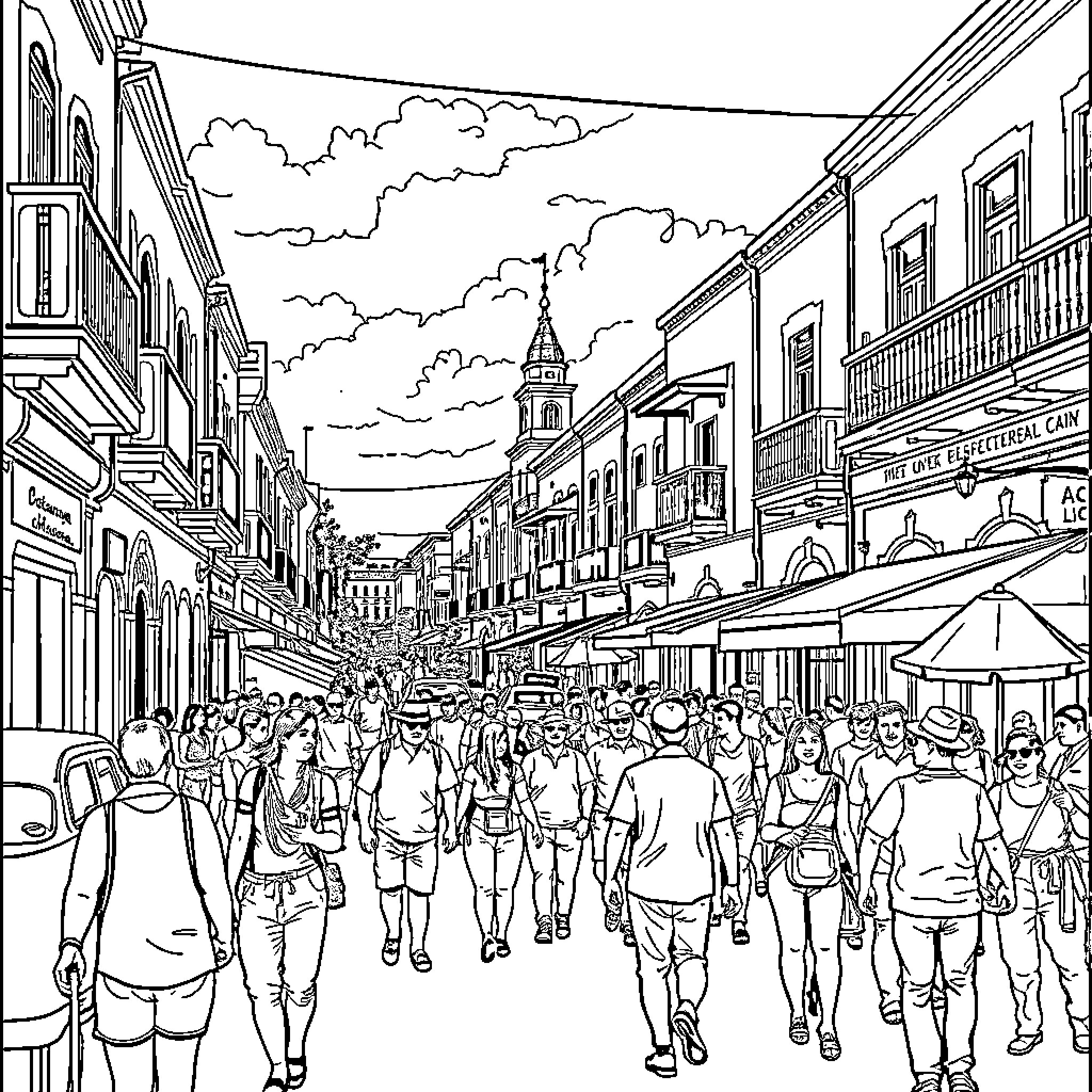 Veracruz street scene with bustling crowds and buildings Coloring Page (free black-and-white line drawing printable PDF for all, from beginners to advanced learners, including children, teens, adults, and seniors)