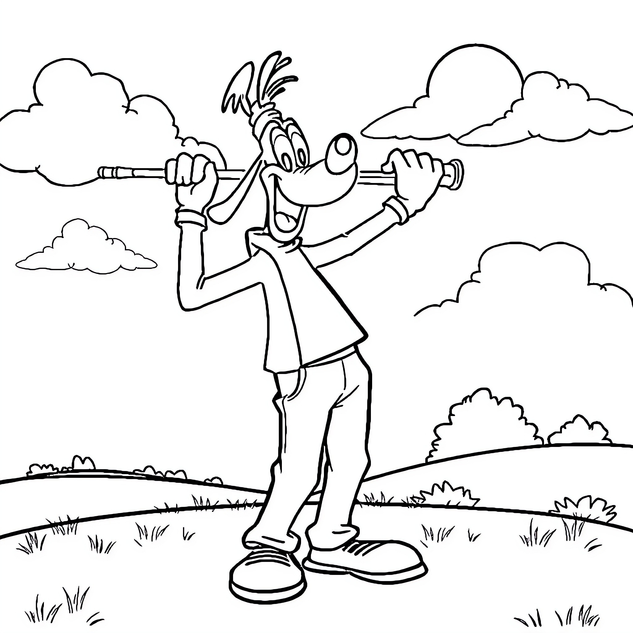 Goofy character in a playful outdoor scene Coloring Page (free black-and-white line drawing printable PDF for all, from beginners to advanced learners, including children, teens, adults, and seniors)