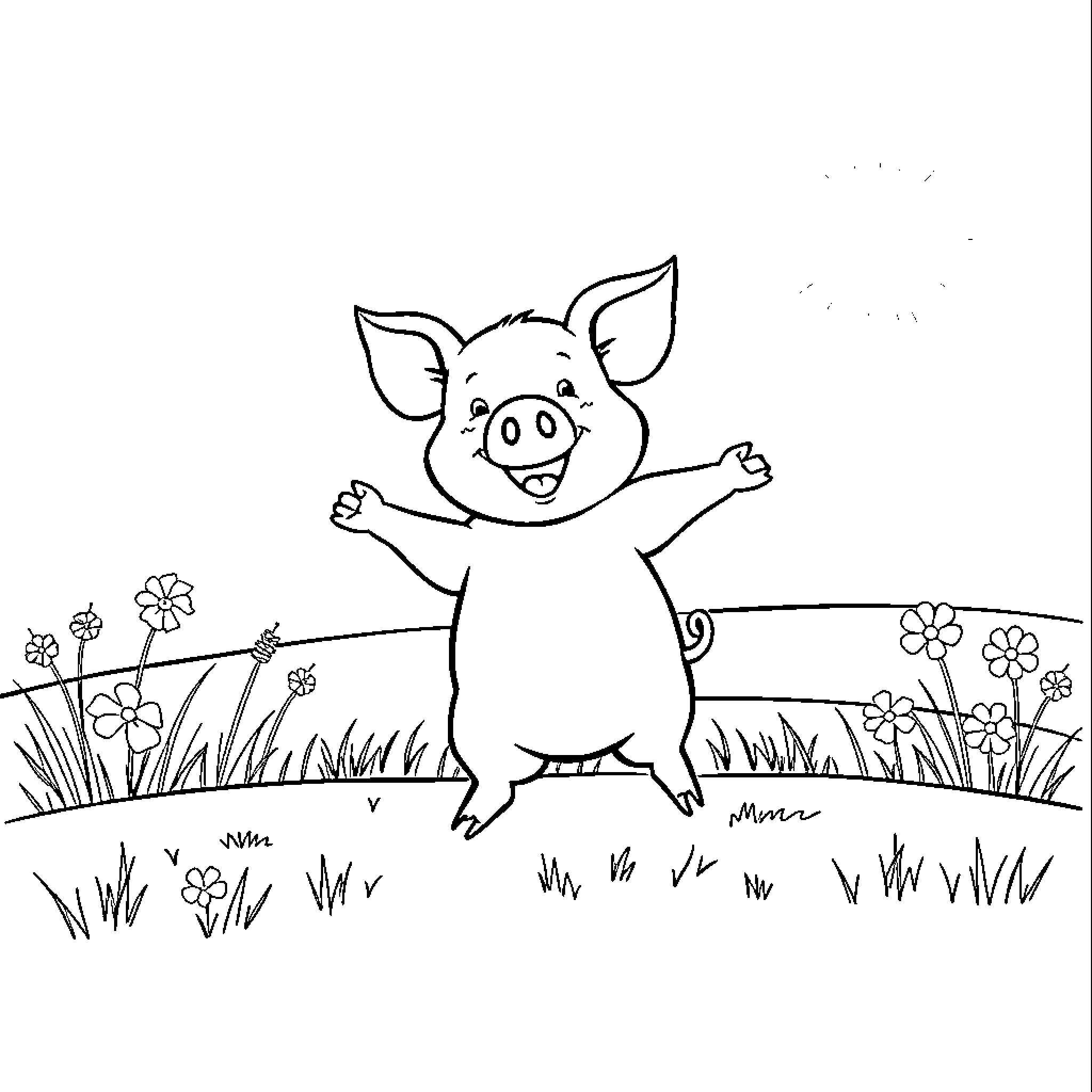 Pig joyfully jumping in a floral meadow Coloring Page (free black-and-white line drawing printable PDF for all, from beginners to advanced learners, including children, teens, adults, and seniors)