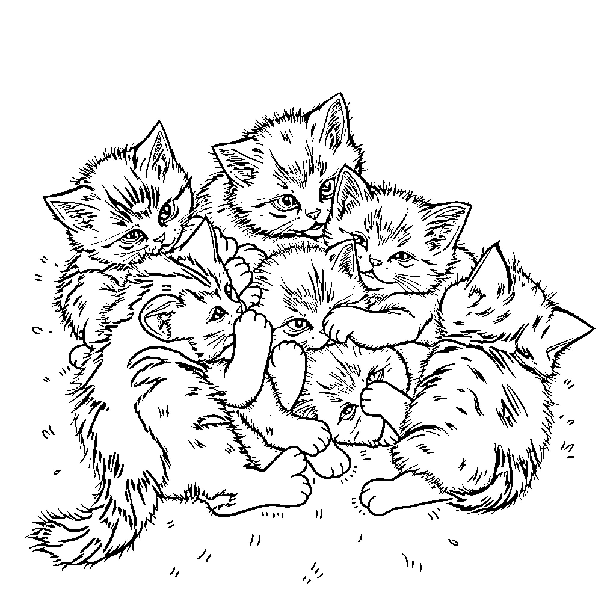 Kitten Cuddle Cluster Coloring Page (free black-and-white line drawing printable PDF for all, from beginners to advanced learners, including children, teens, adults, and seniors)
