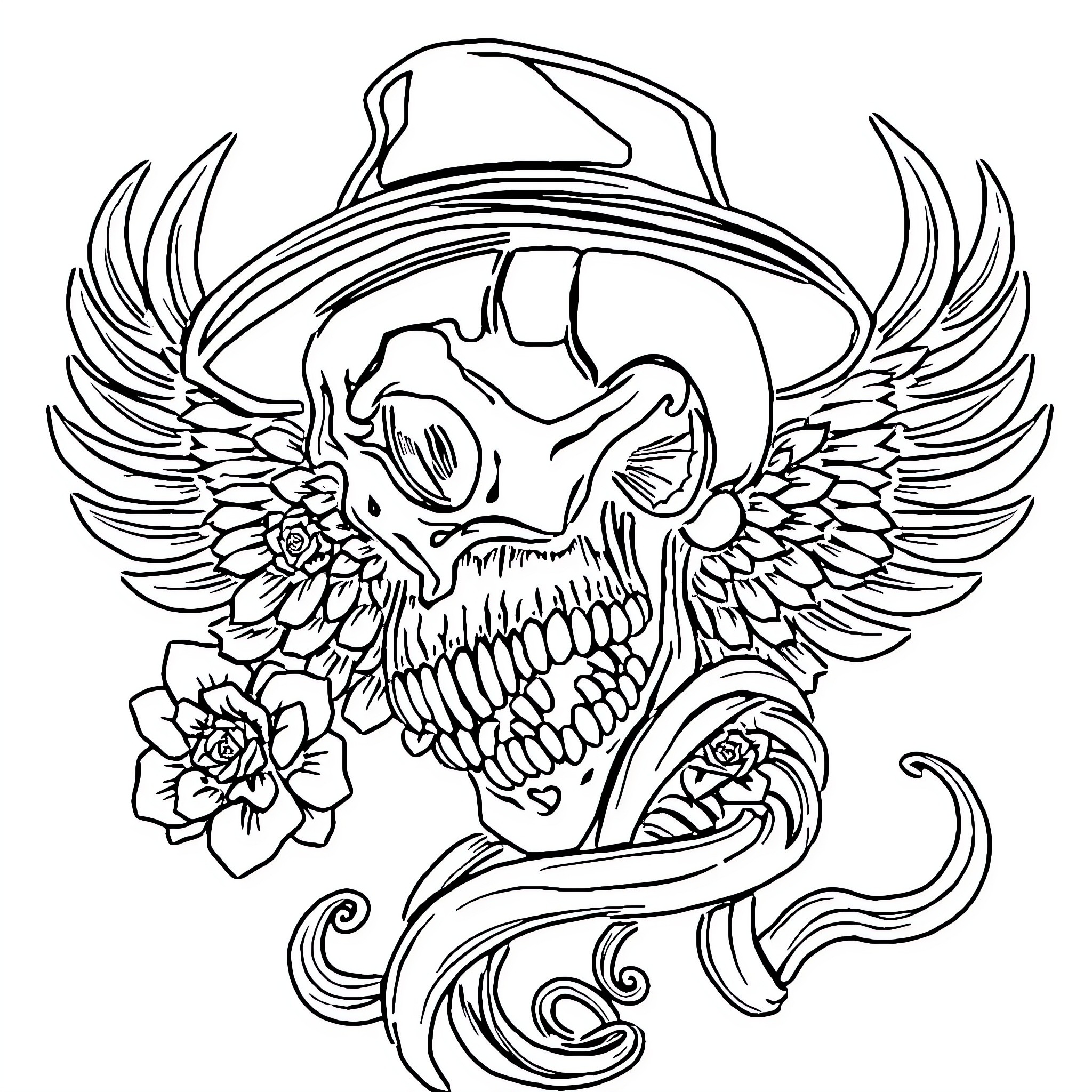 Tattoo design with winged skull and floral elements Coloring Page (free black-and-white line drawing printable PDF for all, from beginners to advanced learners, including children, teens, adults, and seniors)