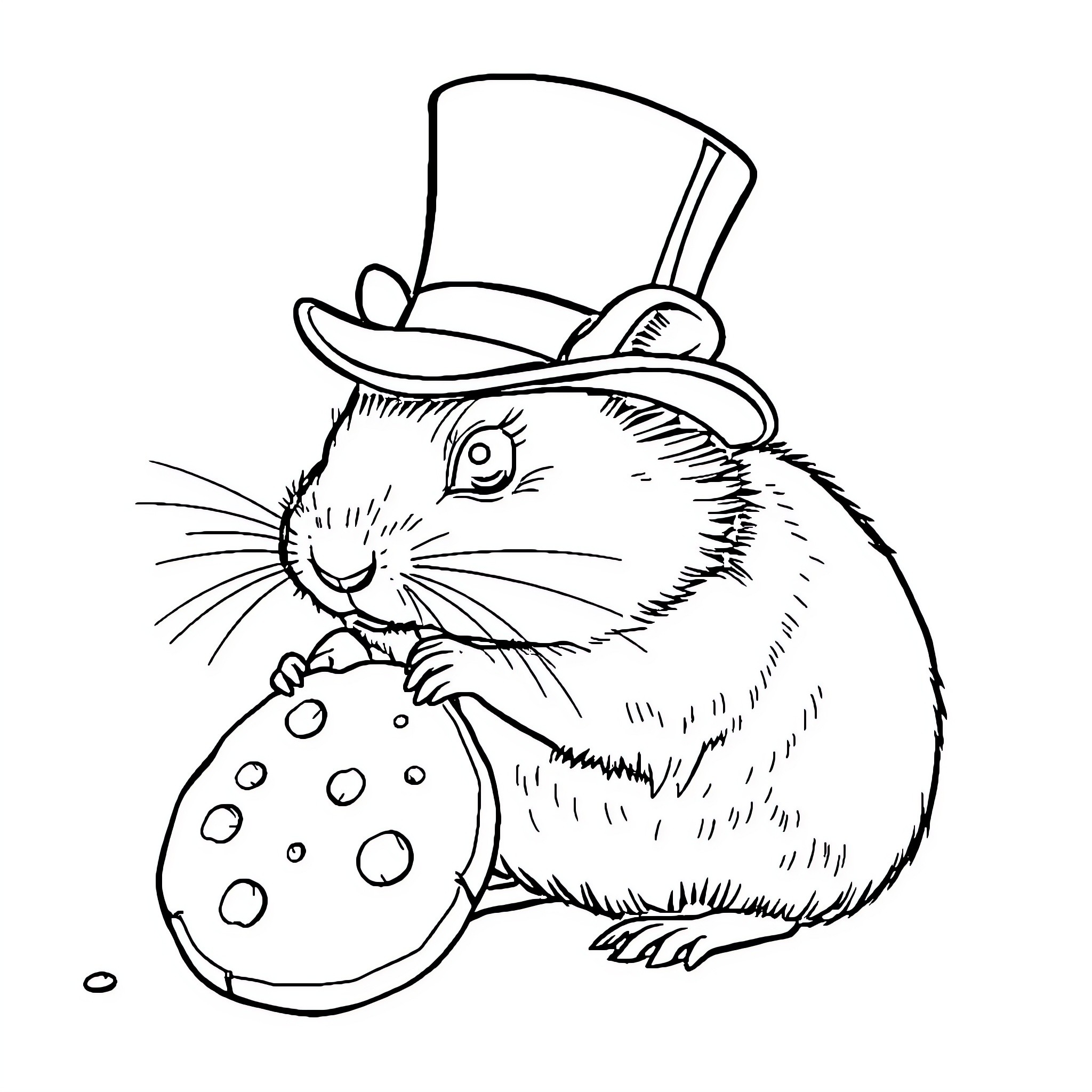 Hamster wearing a top hat and holding a spotted egg Coloring Page (free black-and-white line drawing printable PDF for all, from beginners to advanced learners, including children, teens, adults, and seniors)