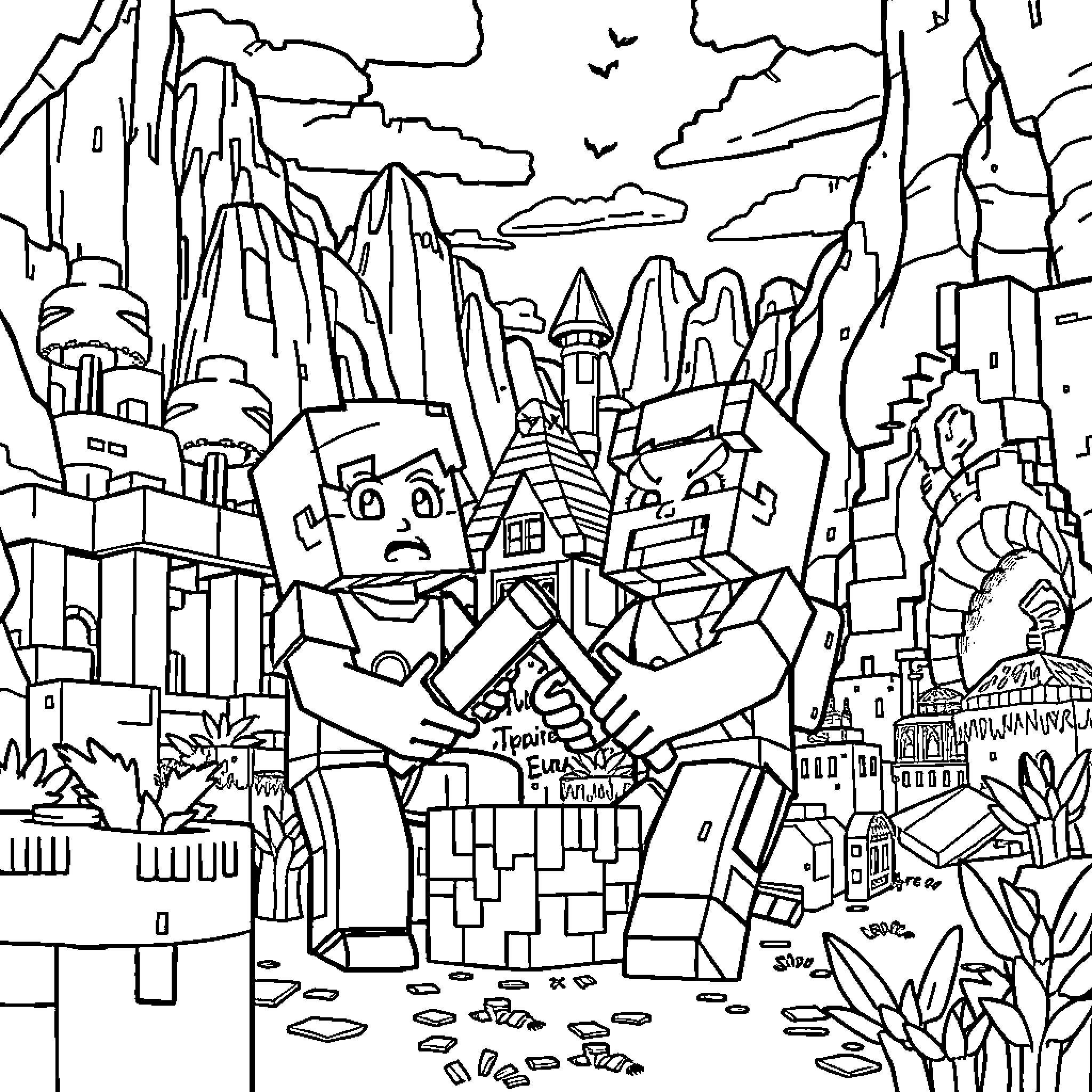 Jj and Mikey's Whimsical Adventure in a Fantastical Landscape Coloring Page (free black-and-white line drawing printable PDF for all, from beginners to advanced learners, including children, teens, adults, and seniors)