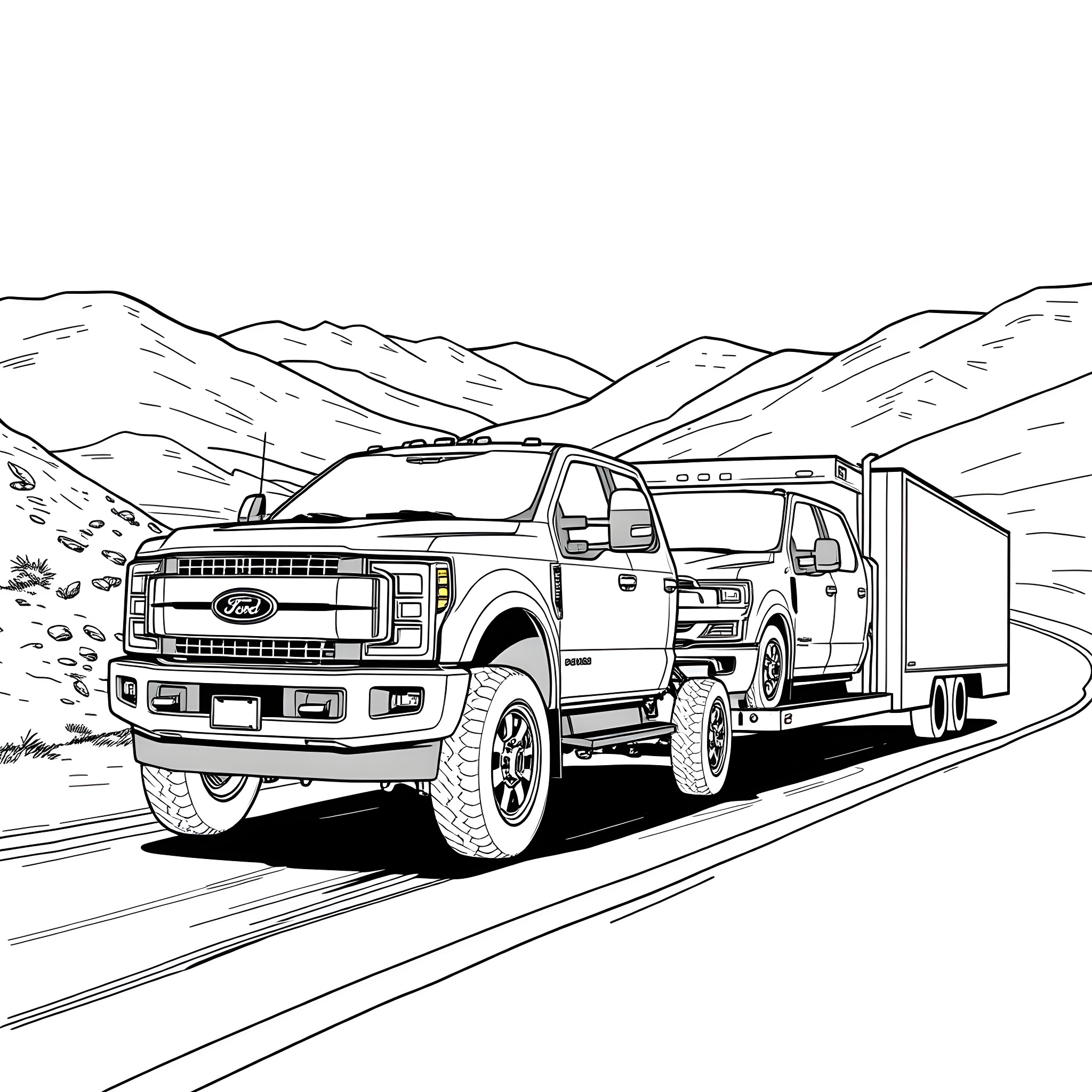 Truck towing trailer on mountain road Coloring Page (free black-and-white line drawing printable PDF for all, from beginners to advanced learners, including children, teens, adults, and seniors)