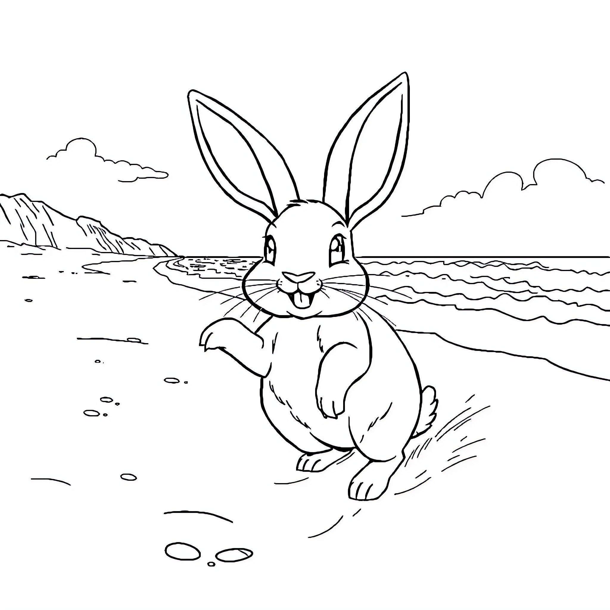 Rabbit enjoying the beach scenery Coloring Page (free black-and-white line drawing printable PDF for all, from beginners to advanced learners, including children, teens, adults, and seniors)