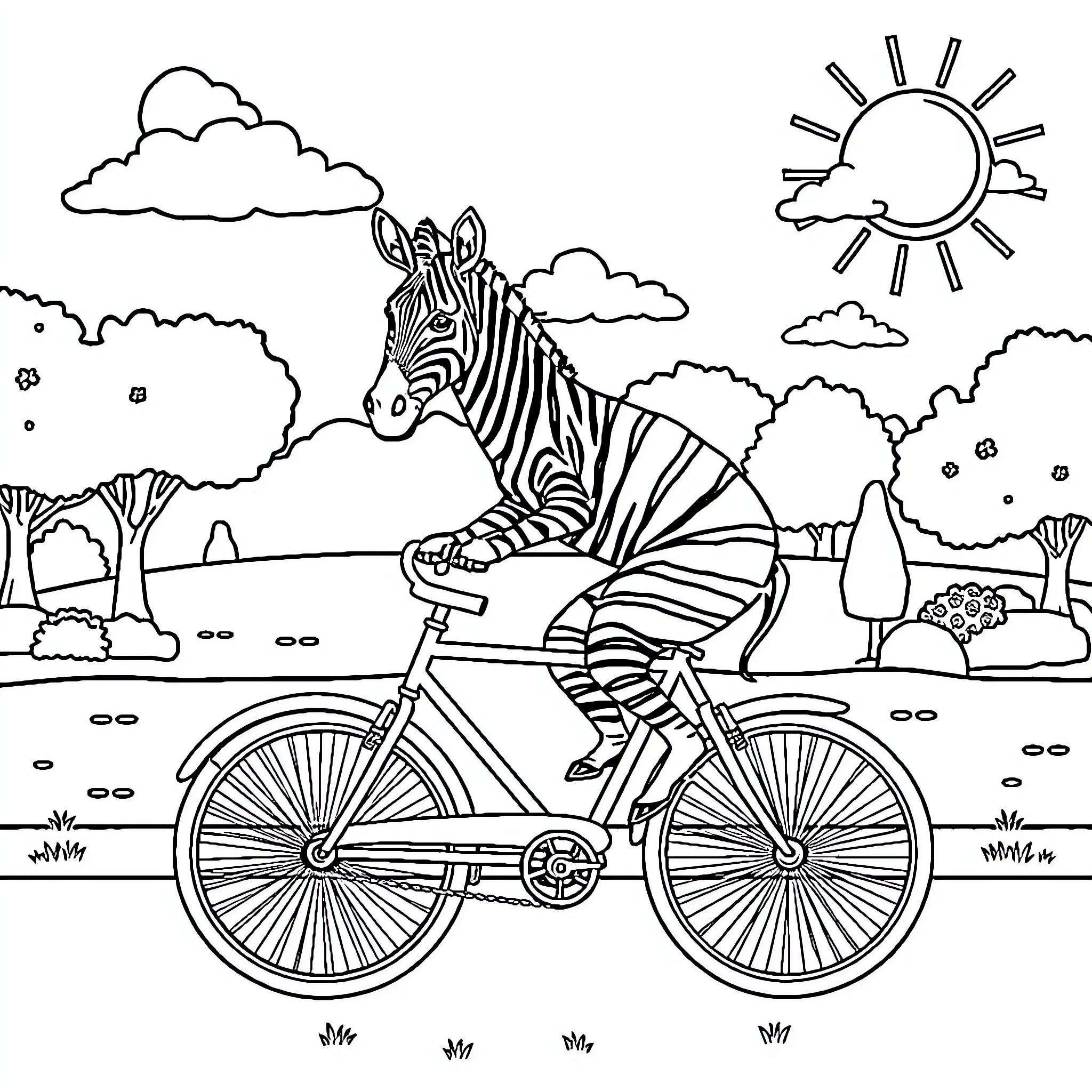 Zebra riding a bicycle in the countryside Coloring Page (free black-and-white line drawing printable PDF for all, from beginners to advanced learners, including children, teens, adults, and seniors)