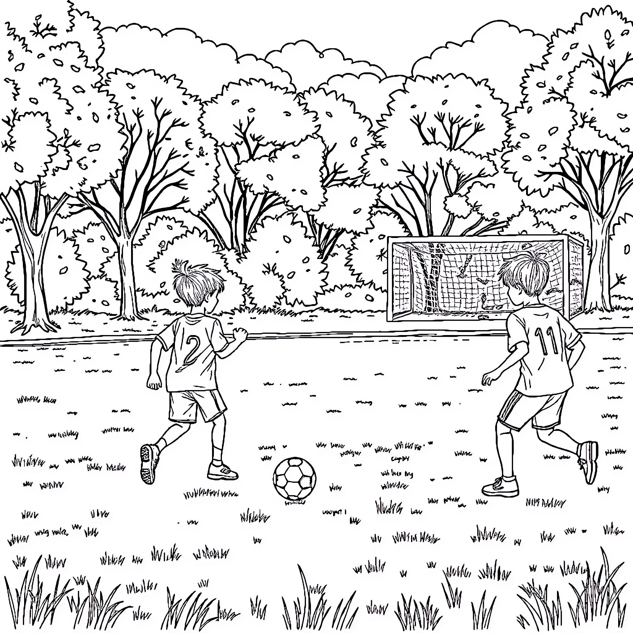 Children playing soccer in a park Coloring Page (free black-and-white line drawing printable PDF for all, from beginners to advanced learners, including children, teens, adults, and seniors)