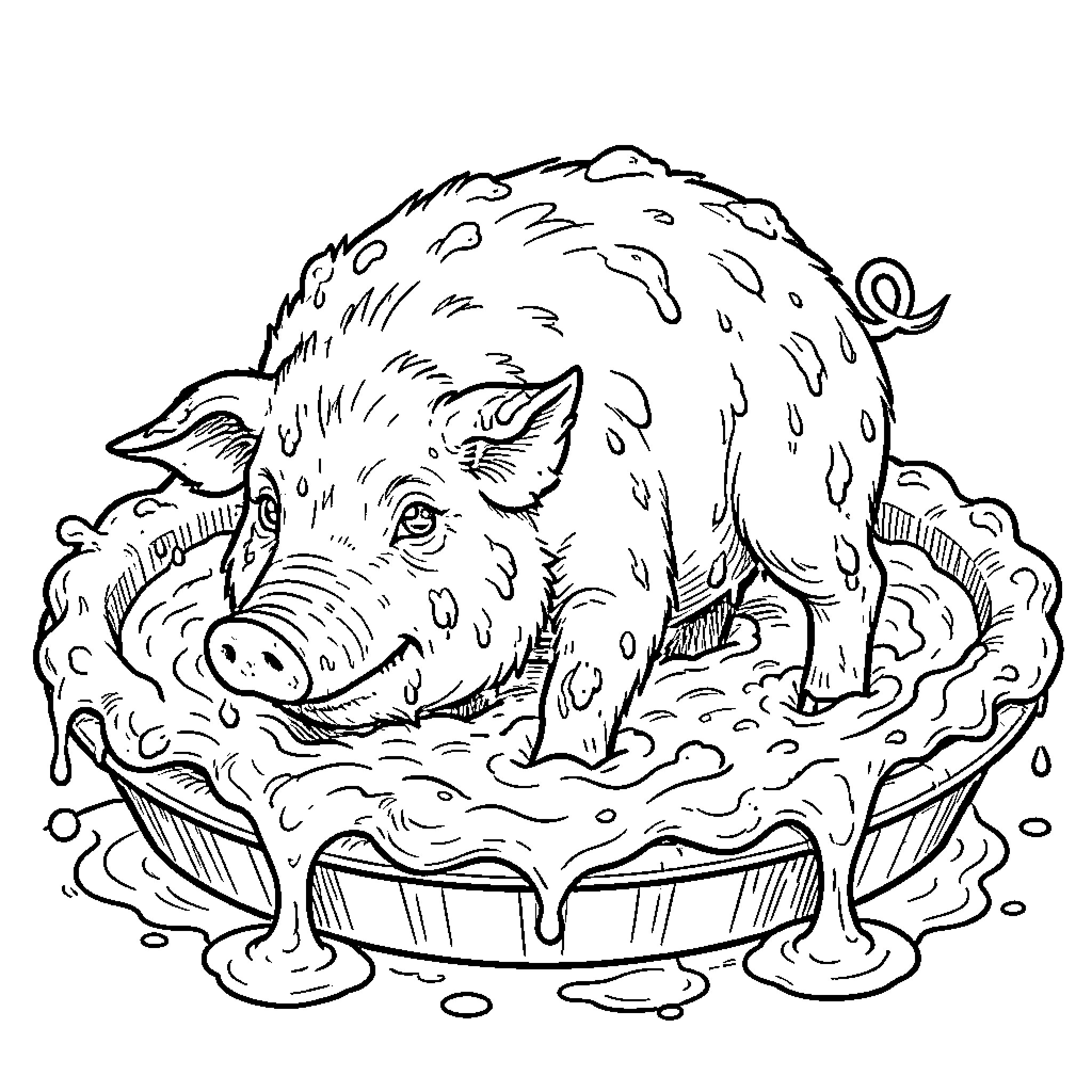 Pig taking a relaxing mud bath Coloring Page (free black-and-white line drawing printable PDF for all, from beginners to advanced learners, including children, teens, adults, and seniors)