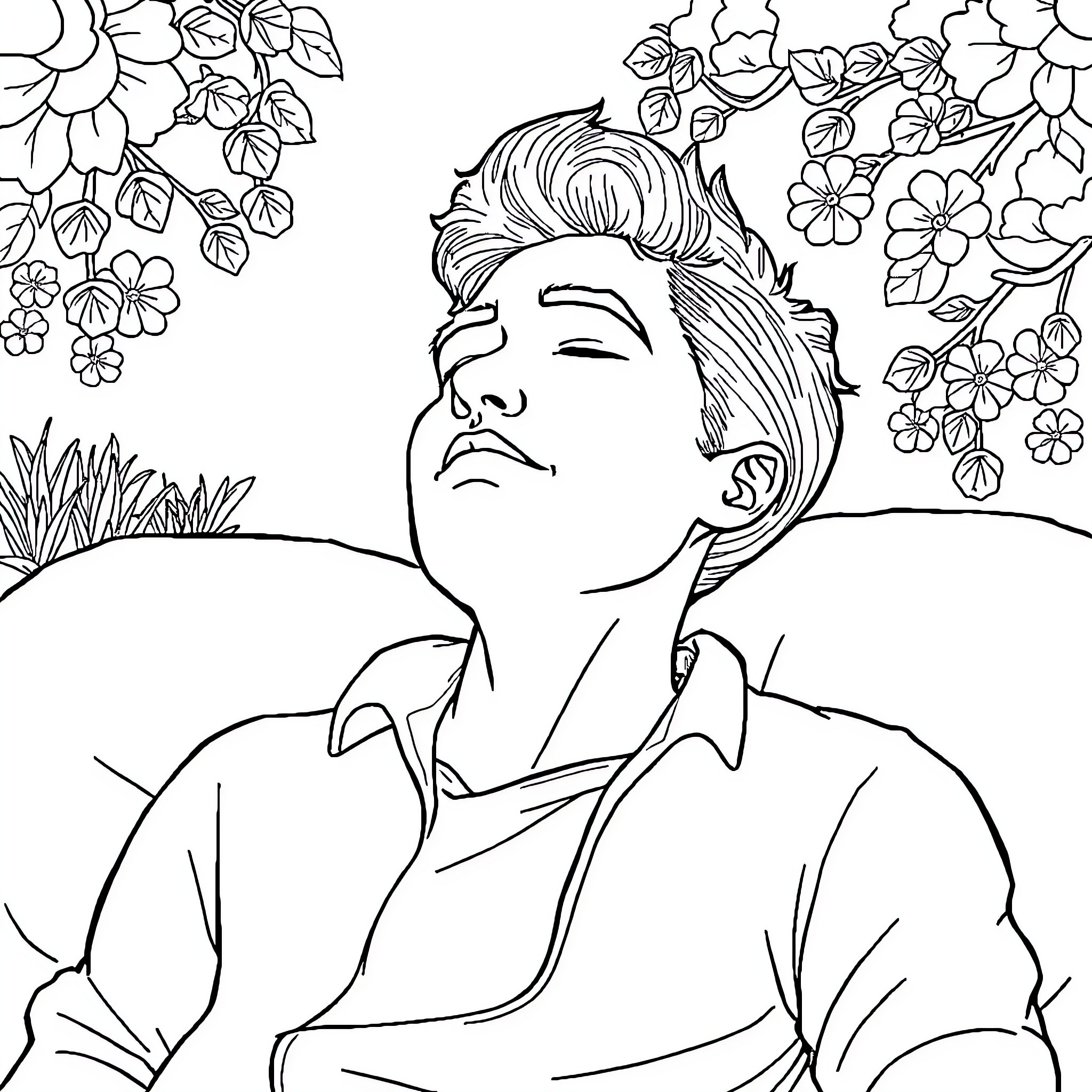 Stoner relaxing amidst whimsical floral scenery Coloring Page (free black-and-white line drawing printable PDF for all, from beginners to advanced learners, including children, teens, adults, and seniors)