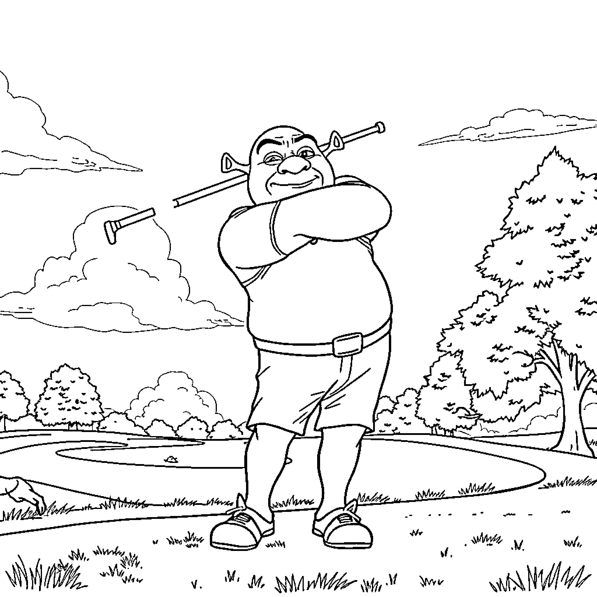 Shrek golfing in the countryside Coloring Page (free black-and-white line drawing printable PDF for all, from beginners to advanced learners, including children, teens, adults, and seniors)