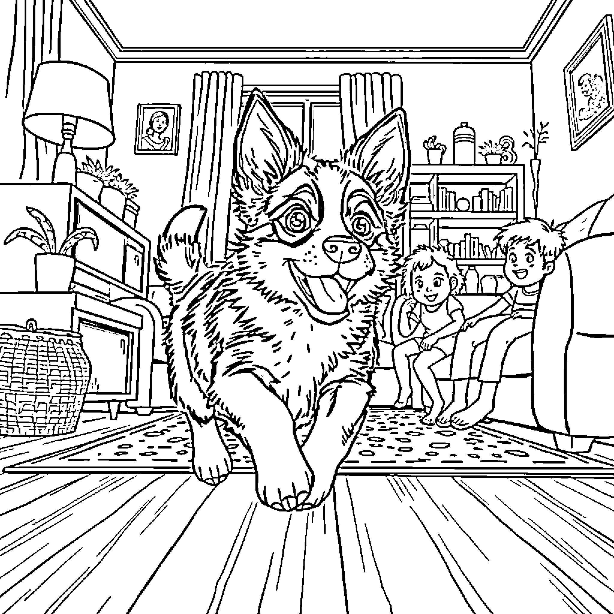 Bluey and Friends Explore the Home Together Coloring Page (free black-and-white line drawing printable PDF for all, from beginners to advanced learners, including children, teens, adults, and seniors)