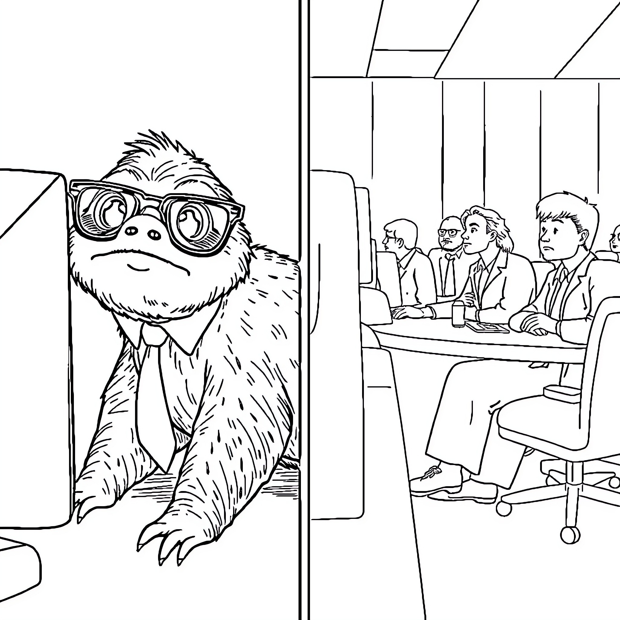 Sloth enjoying the office environment Coloring Page (free black-and-white line drawing printable PDF for all, from beginners to advanced learners, including children, teens, adults, and seniors)