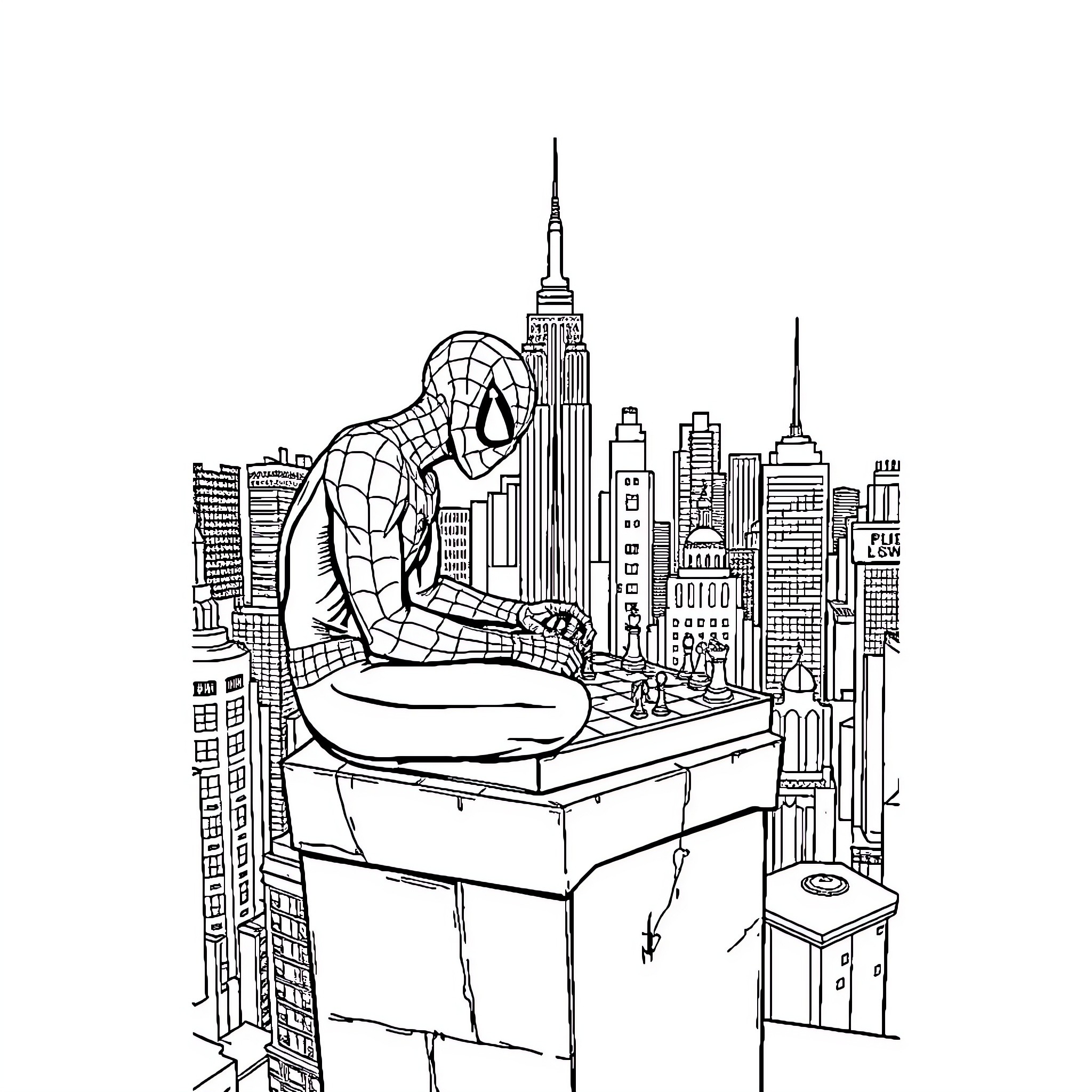 Spiderman surveys the city from a high perch Coloring Page (free black-and-white line drawing printable PDF for all, from beginners to advanced learners, including children, teens, adults, and seniors)