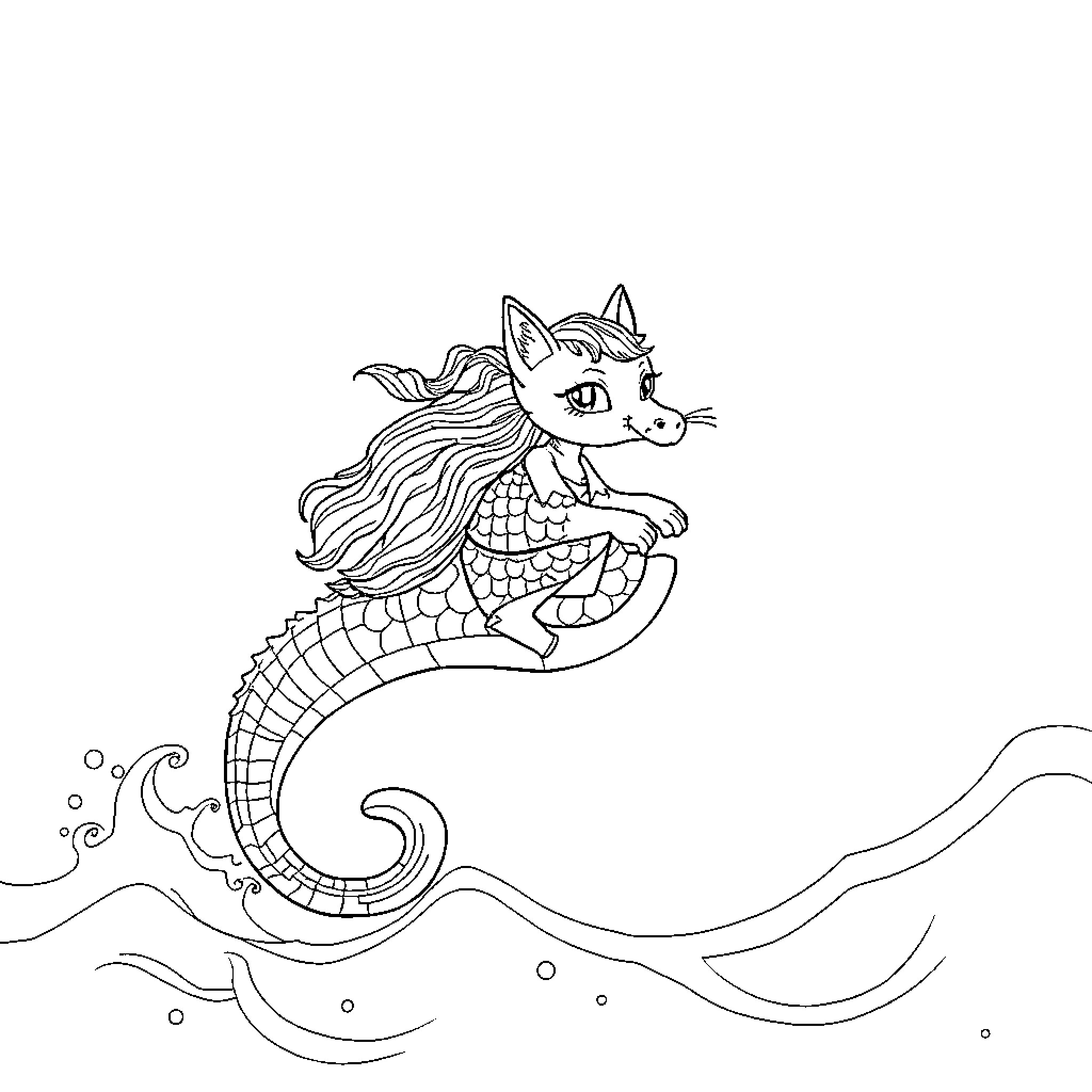 Mermaid swimming playfully in the ocean Coloring Page (free black-and-white line drawing printable PDF for all, from beginners to advanced learners, including children, teens, adults, and seniors)