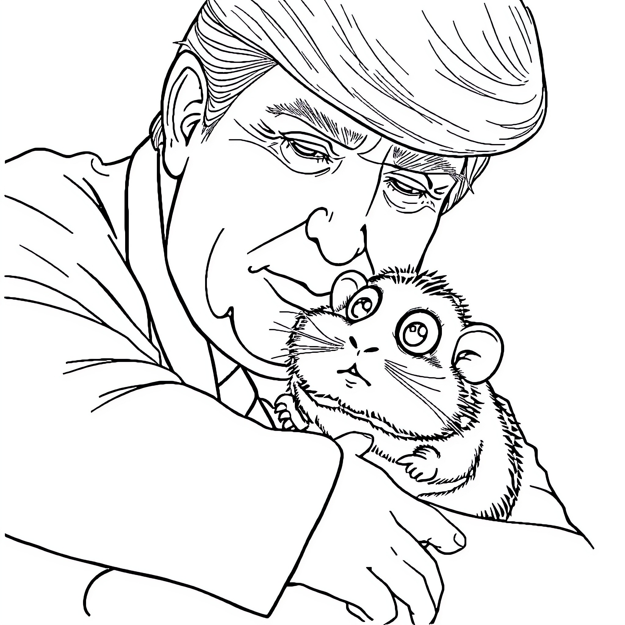 Donald Trump holding a cute baby animal Coloring Page (free black-and-white line drawing printable PDF for all, from beginners to advanced learners, including children, teens, adults, and seniors)