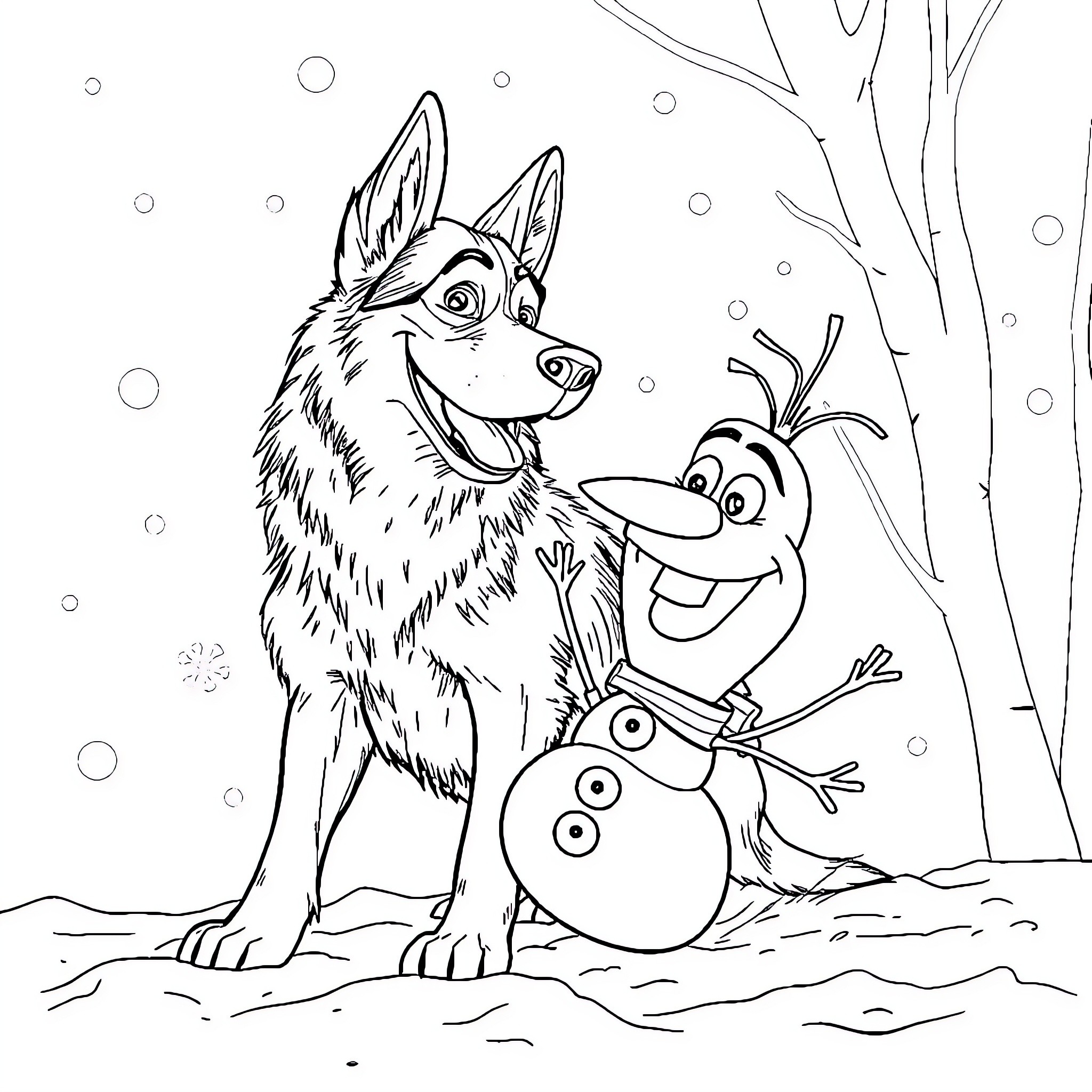 German Shepherd and Snowman Playing in Snowy Forest Coloring Page (free black-and-white line drawing printable PDF for all, from beginners to advanced learners, including children, teens, adults, and seniors)