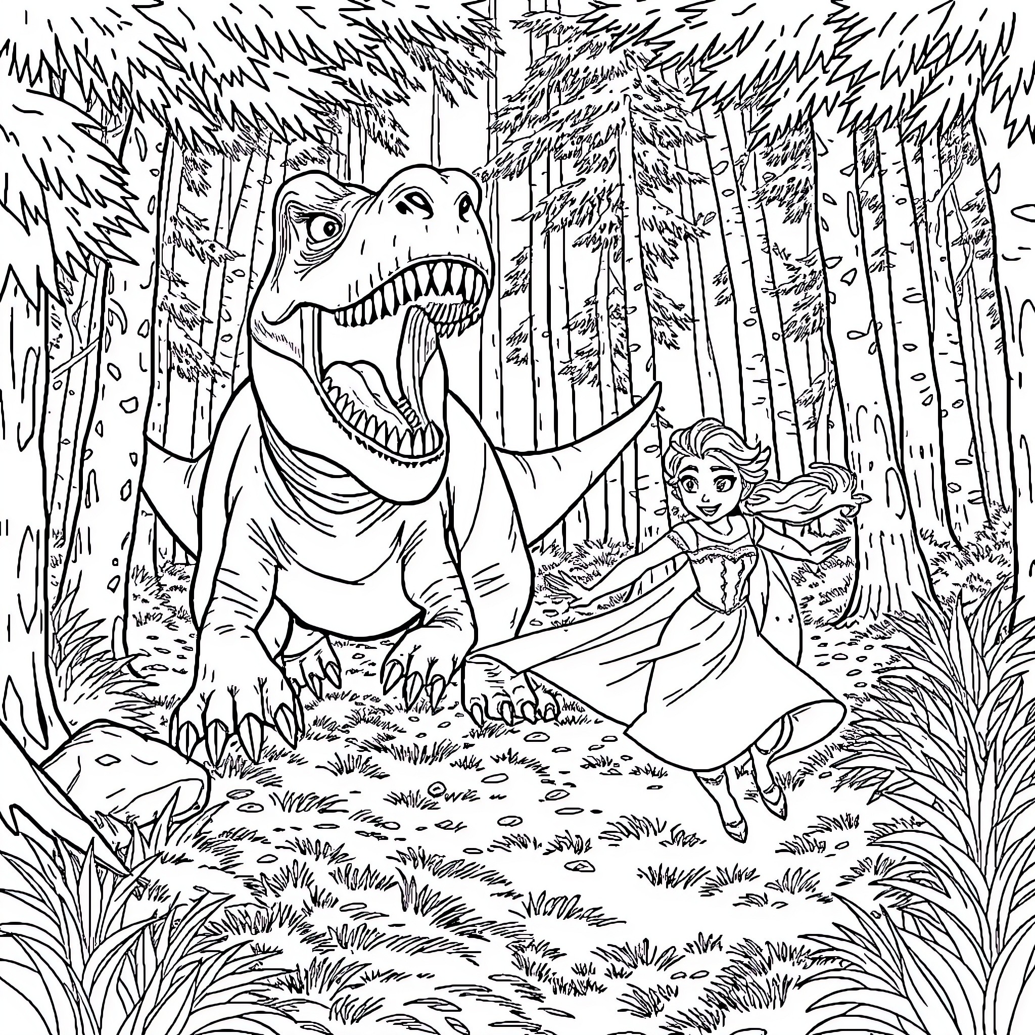 Elsa's Enchanted Encounter with the Dinosaur in the Forest Coloring Page (free black-and-white line drawing printable PDF for all, from beginners to advanced learners, including children, teens, adults, and seniors)