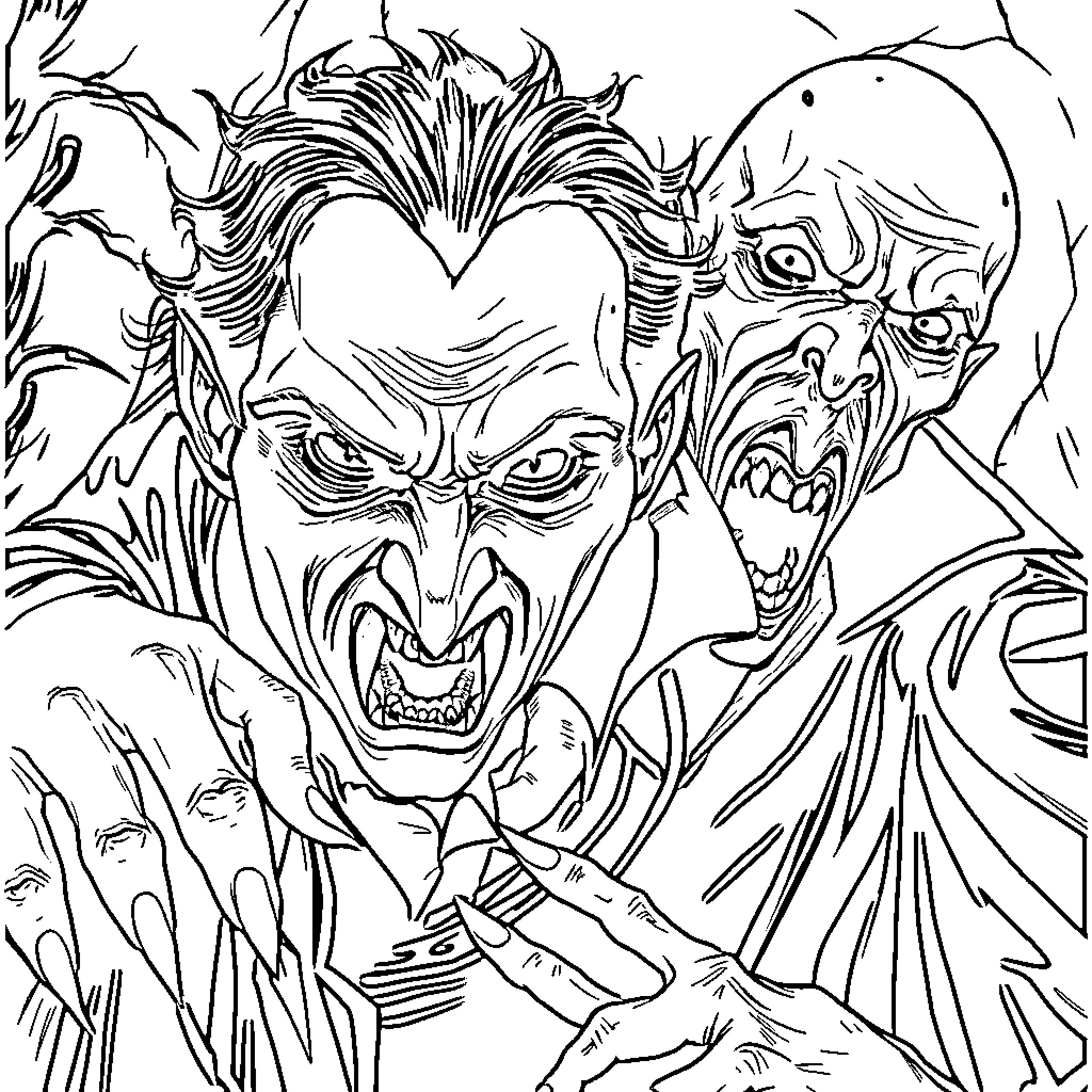 Vampire's Menacing Gaze and Fangs Coloring Page (free black-and-white line drawing printable PDF for all, from beginners to advanced learners, including children, teens, adults, and seniors)