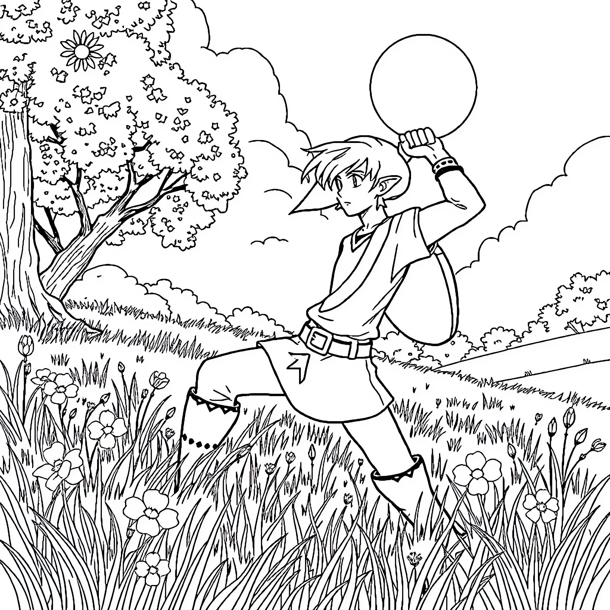 Zelda exploring the lush outdoor scenery Coloring Page (free black-and-white line drawing printable PDF for all, from beginners to advanced learners, including children, teens, adults, and seniors)