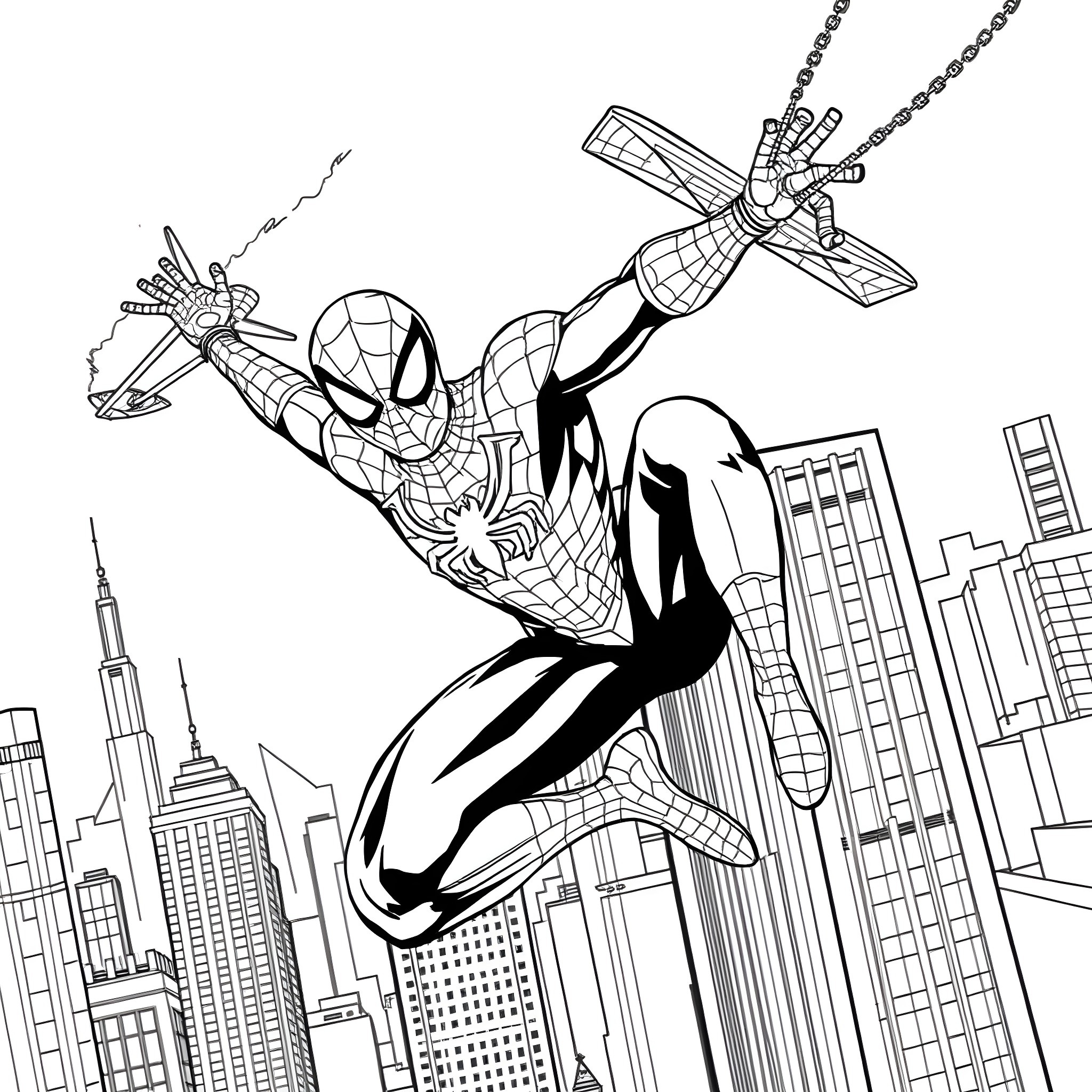 Spiderman swinging through the city Coloring Page (free black-and-white line drawing printable PDF for all, from beginners to advanced learners, including children, teens, adults, and seniors)