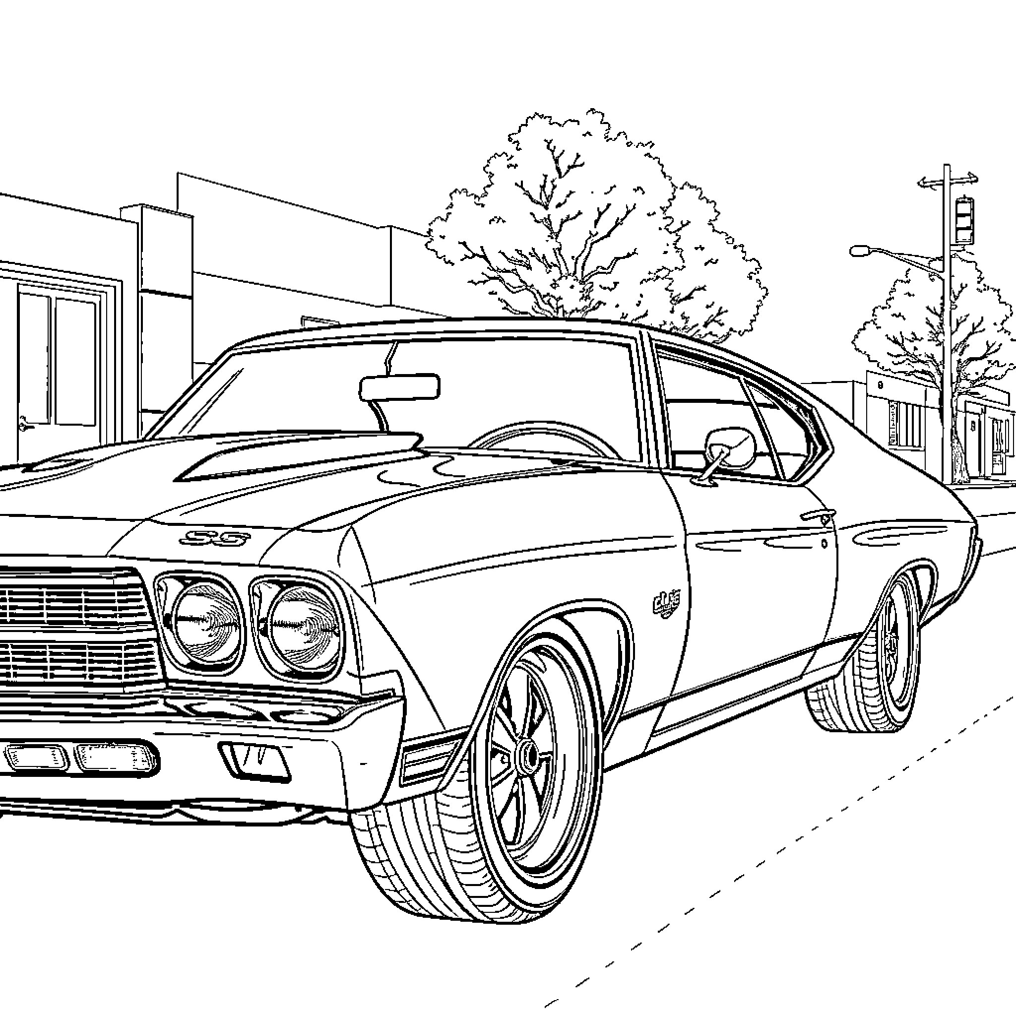 Chevelle muscle car on the city street Coloring Page (free black-and-white line drawing printable PDF for all, from beginners to advanced learners, including children, teens, adults, and seniors)