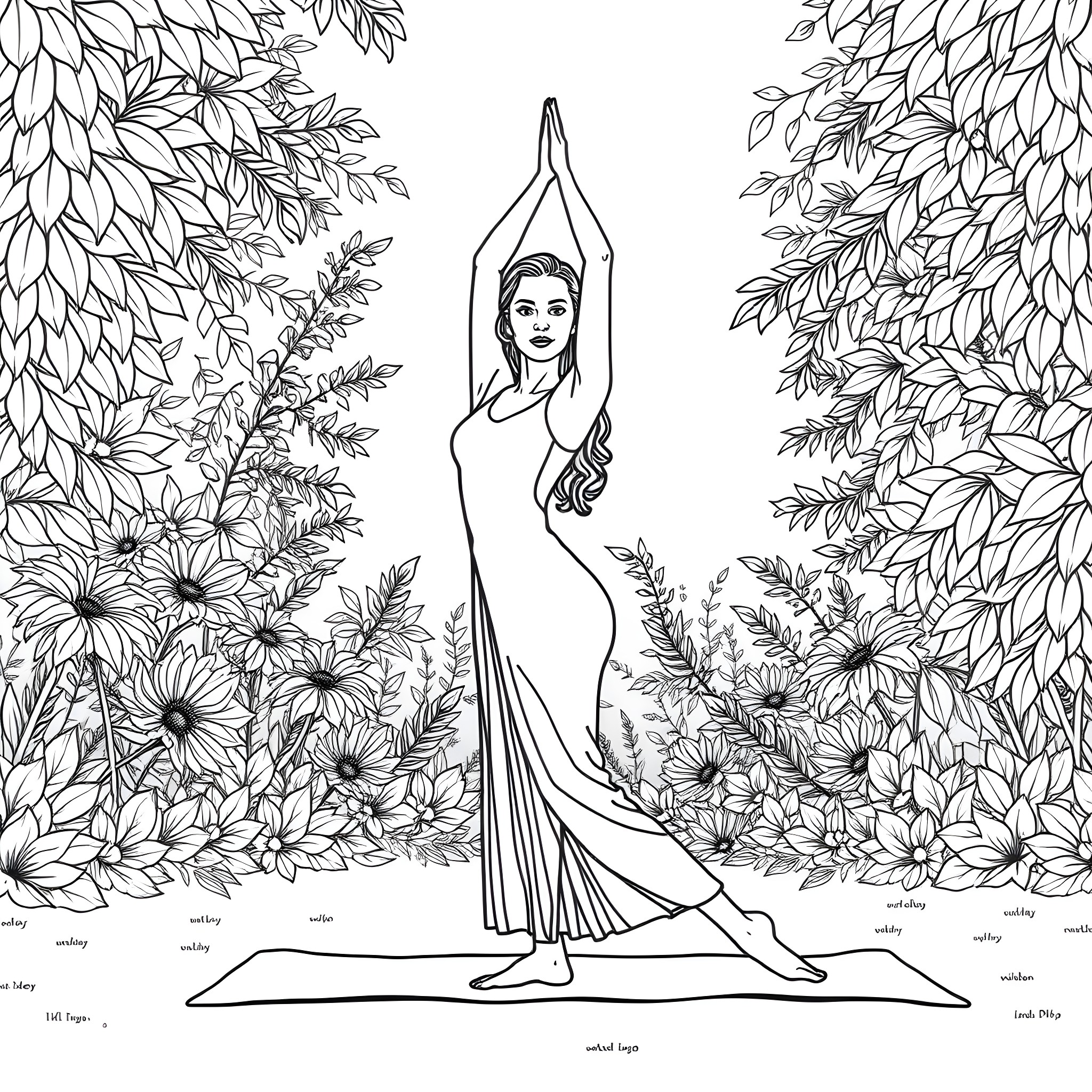 Sydney Sweeney's serene yoga pose in floral garden Coloring Page (free black-and-white line drawing printable PDF for all, from beginners to advanced learners, including children, teens, adults, and seniors)