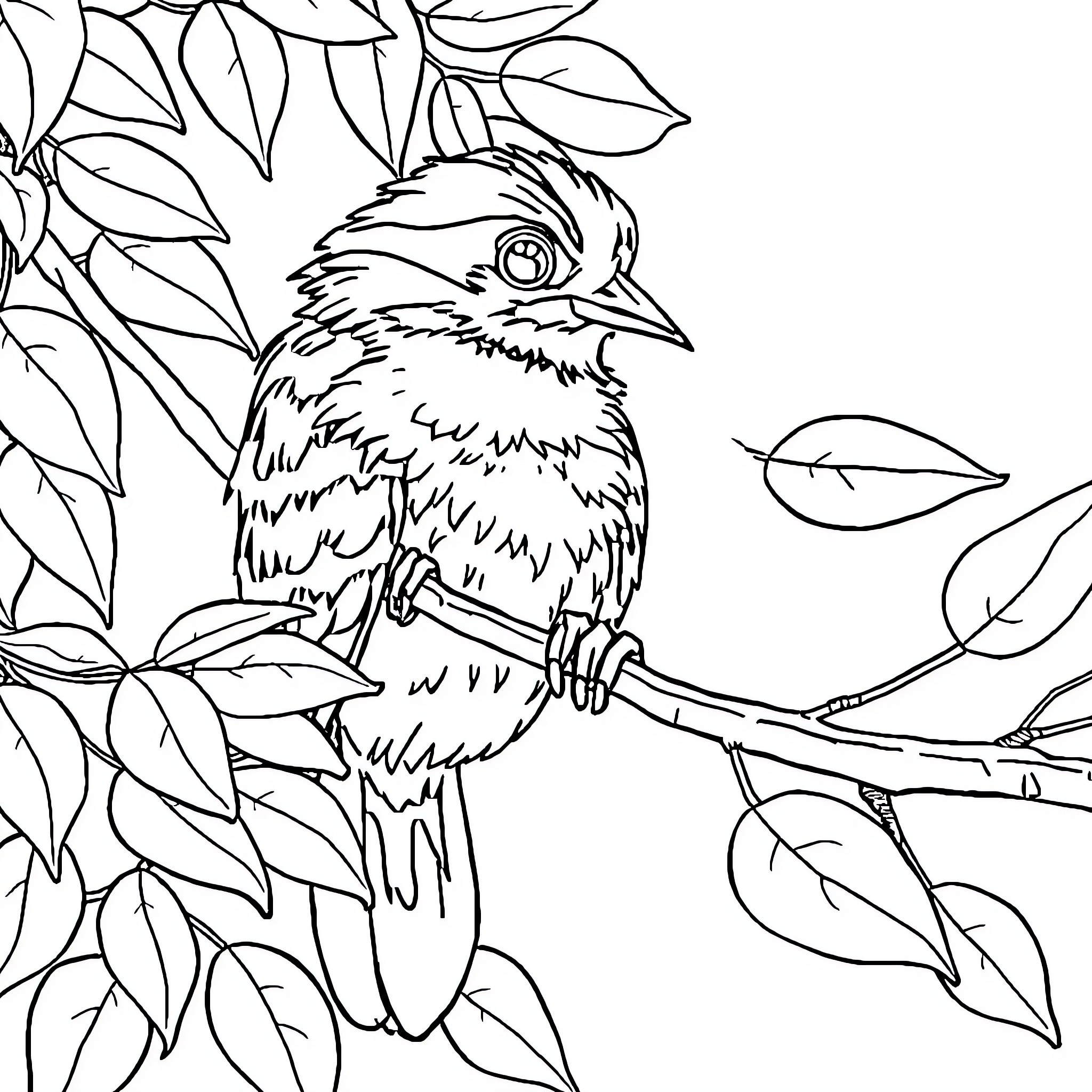 Chameleon bird perched on leafy branch Coloring Page (free black-and-white line drawing printable PDF for all, from beginners to advanced learners, including children, teens, adults, and seniors)