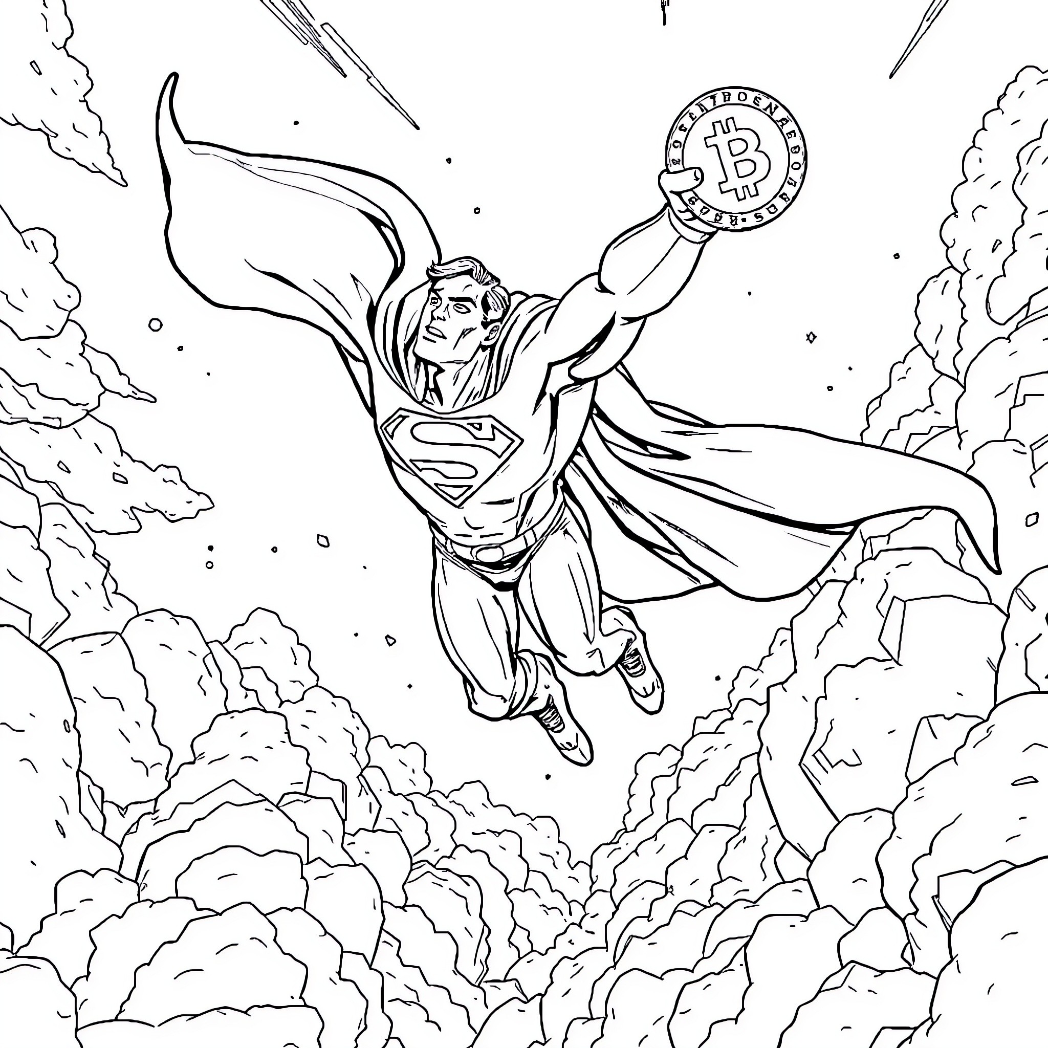 Superman Saving the Bitcoin Cryptocurrency Coloring Page (free black-and-white line drawing printable PDF for all, from beginners to advanced learners, including children, teens, adults, and seniors)
