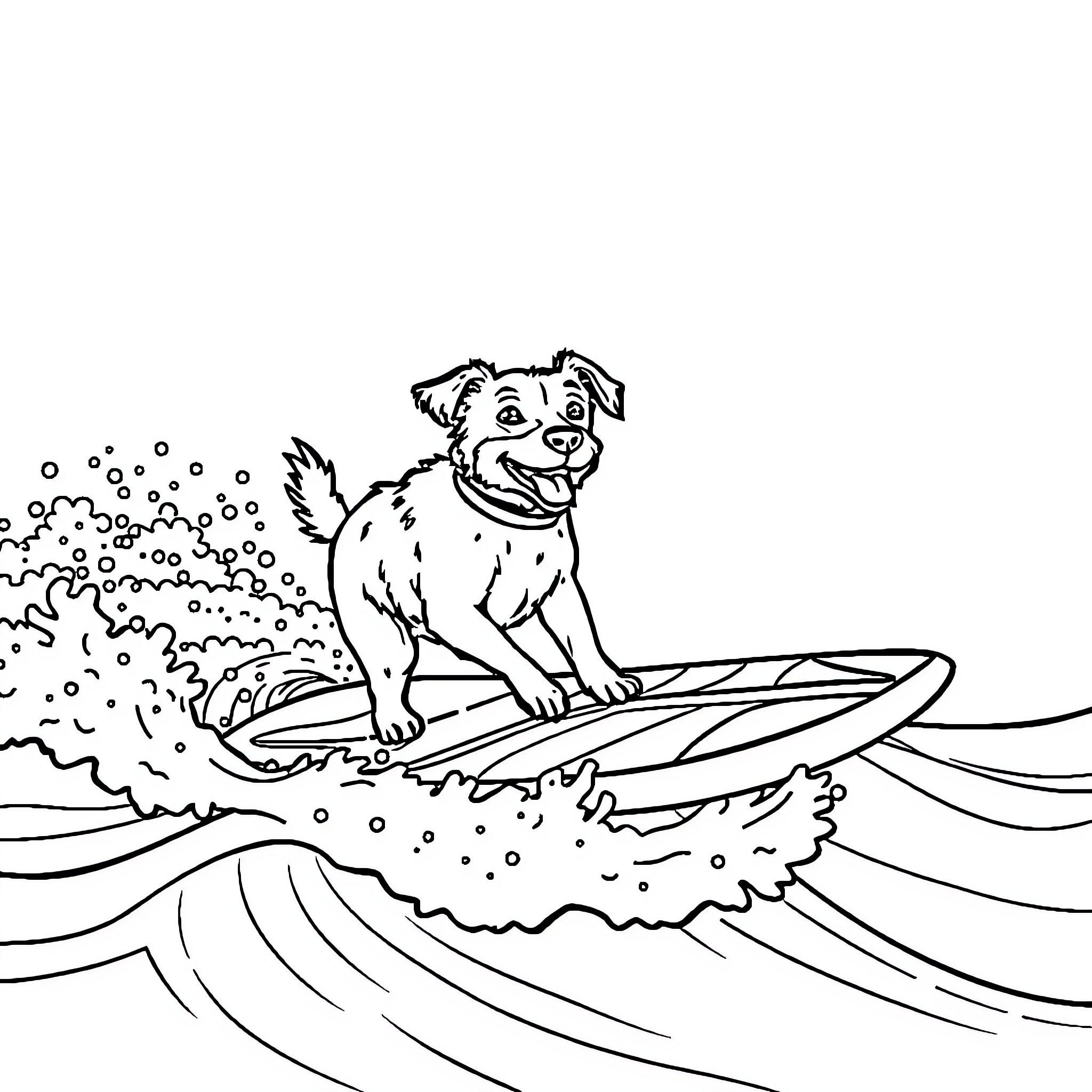 Dog surfing on ocean waves Coloring Page (free black-and-white line drawing printable PDF for all, from beginners to advanced learners, including children, teens, adults, and seniors)