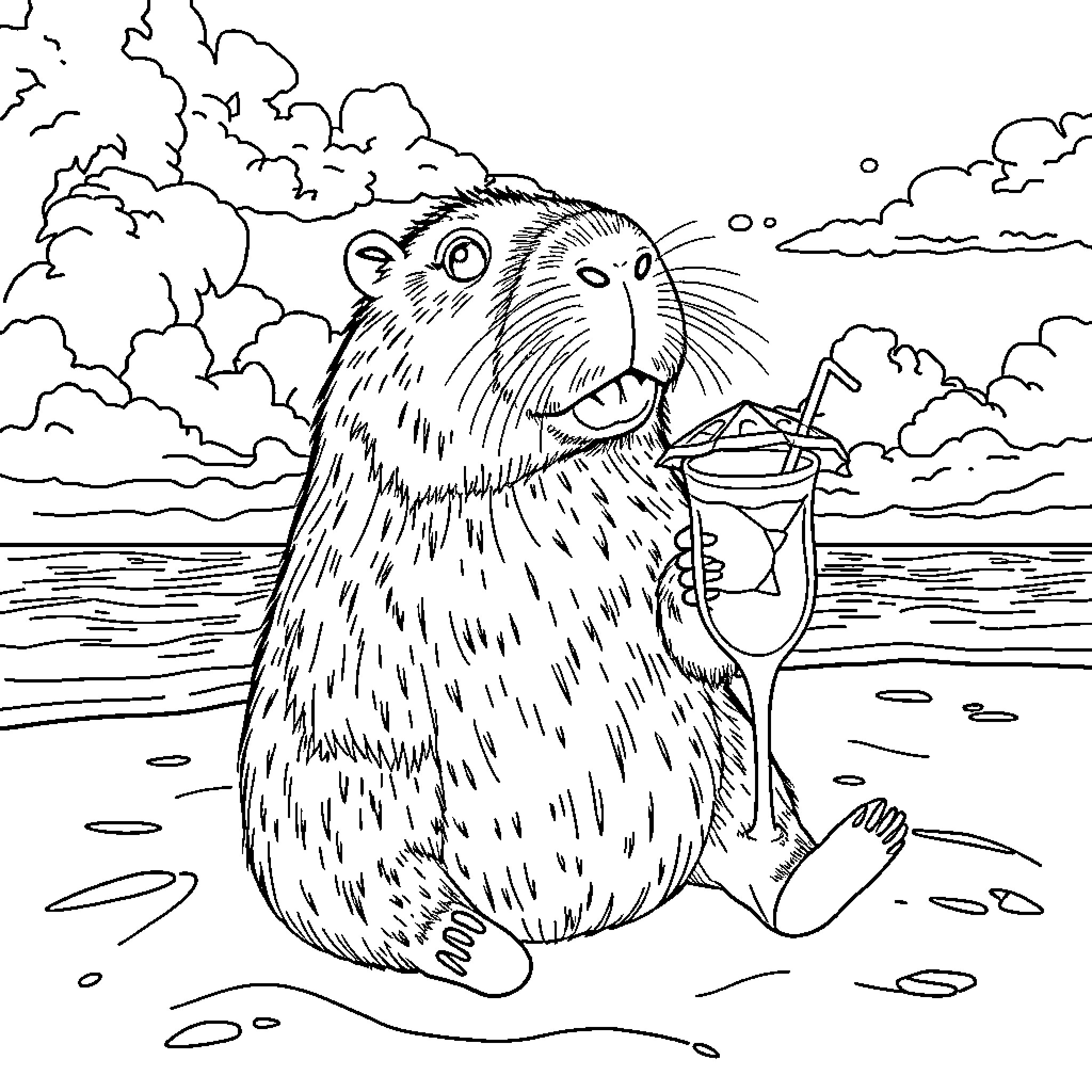 Capybara enjoying a drink at the beach Coloring Page (free black-and-white line drawing printable PDF for all, from beginners to advanced learners, including children, teens, adults, and seniors)