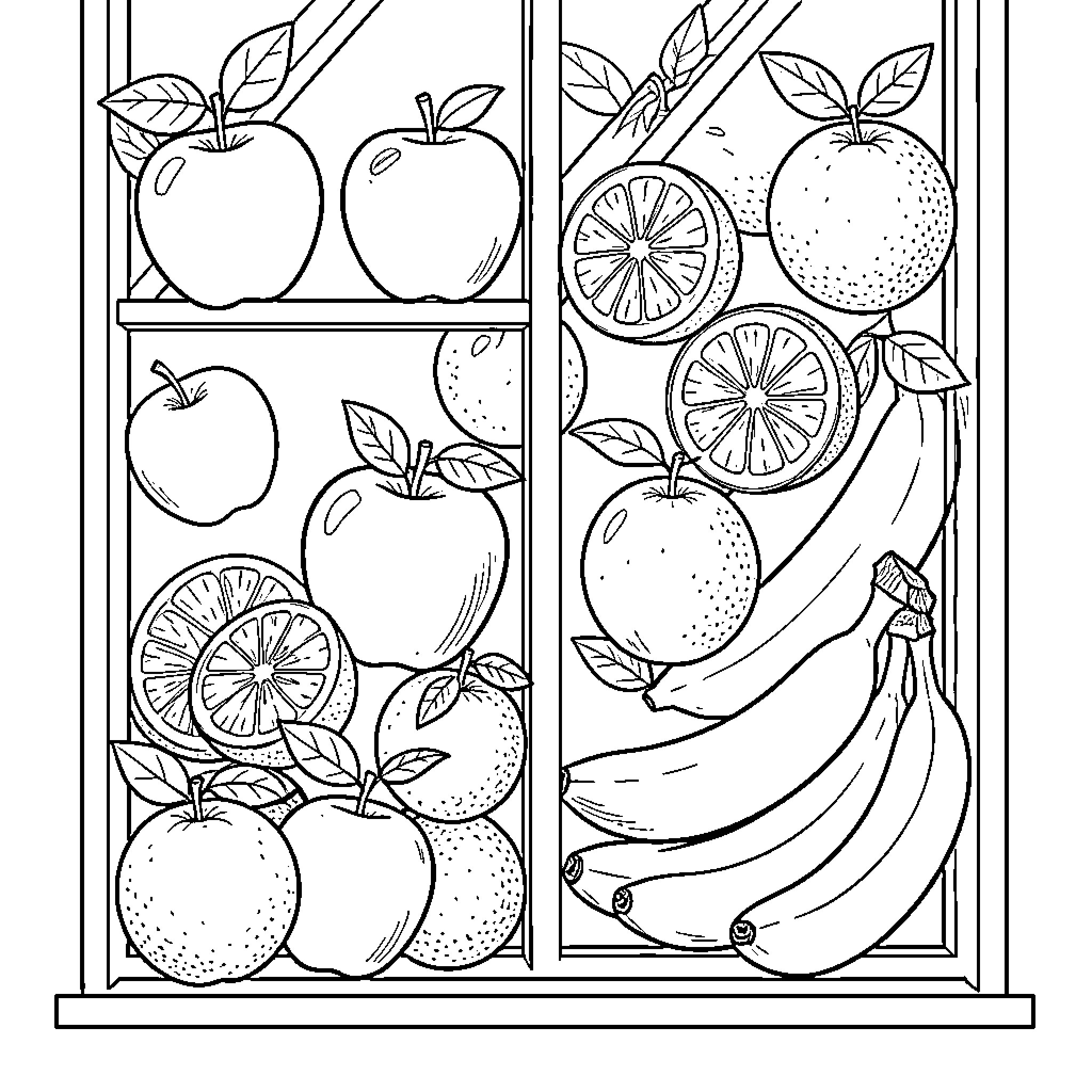 Fruit assortment displayed neatly inside a wooden crate Coloring Page (free black-and-white line drawing printable PDF for all, from beginners to advanced learners, including children, teens, adults, and seniors)
