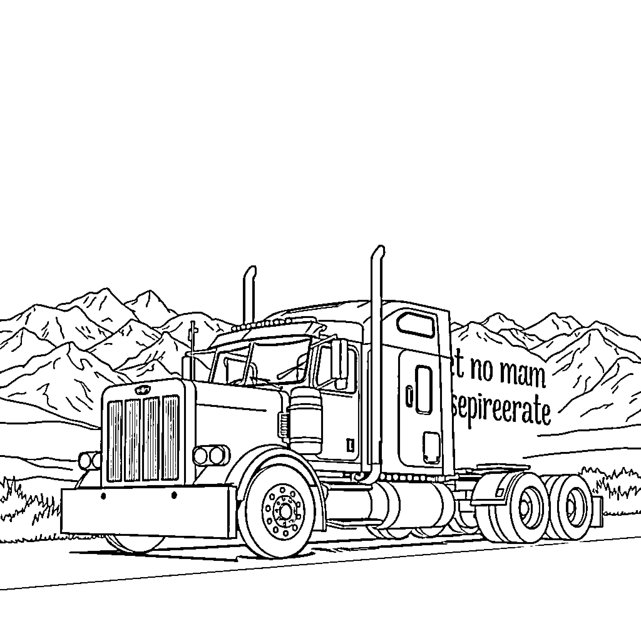Peterbilt Truck traversing the mountainous terrain Coloring Page (free black-and-white line drawing printable PDF for all, from beginners to advanced learners, including children, teens, adults, and seniors)