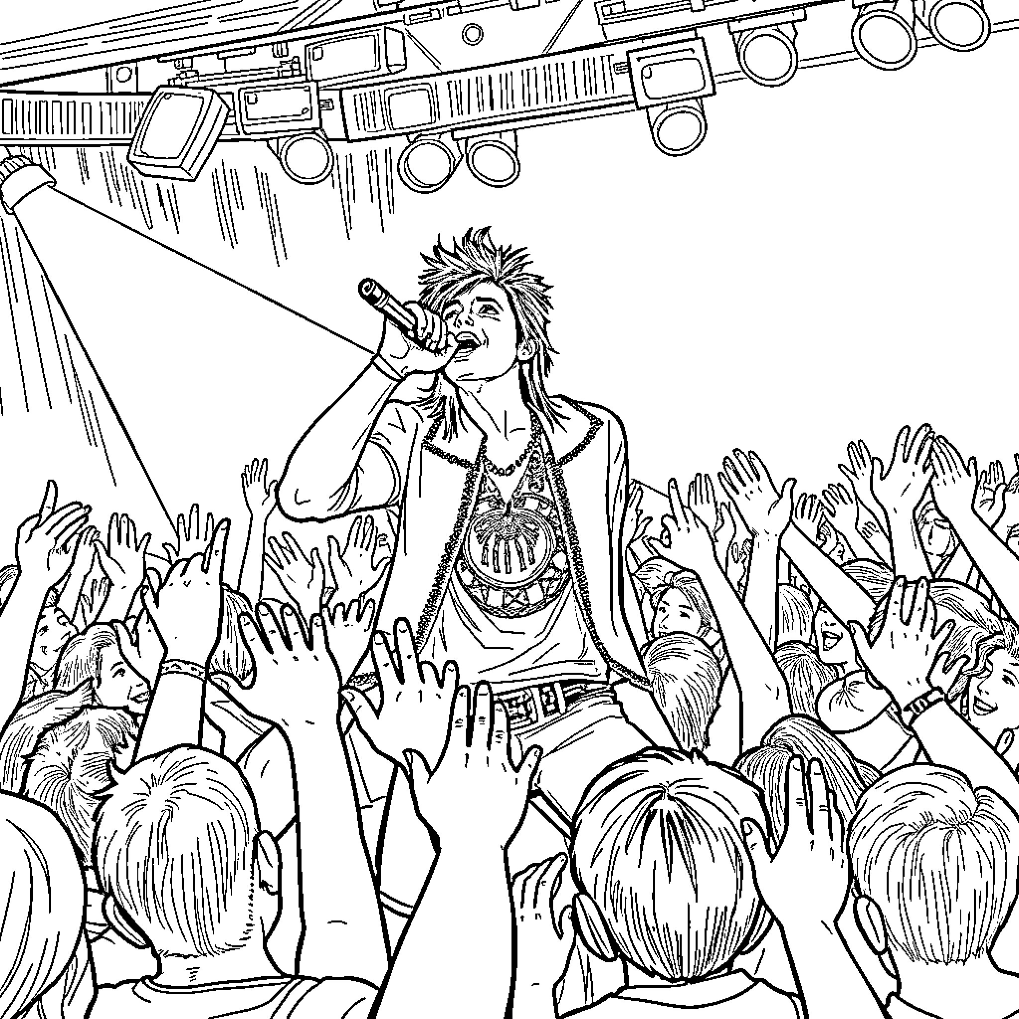 Ronnie Radke performing on stage before an energetic crowd Coloring Page (free black-and-white line drawing printable PDF for all, from beginners to advanced learners, including children, teens, adults, and seniors)