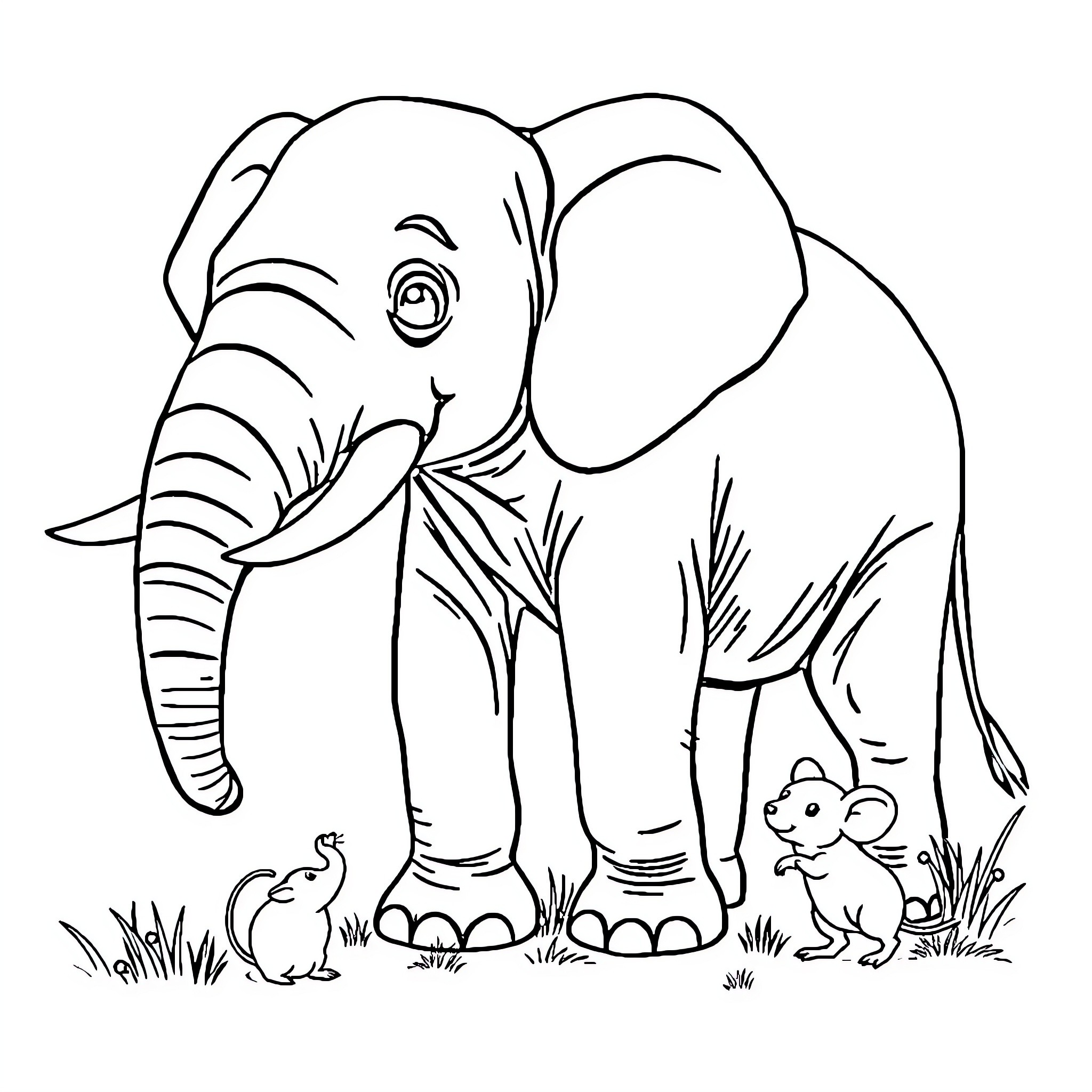 Elephant and small animals in nature Coloring Page (free black-and-white line drawing printable PDF for all, from beginners to advanced learners, including children, teens, adults, and seniors)