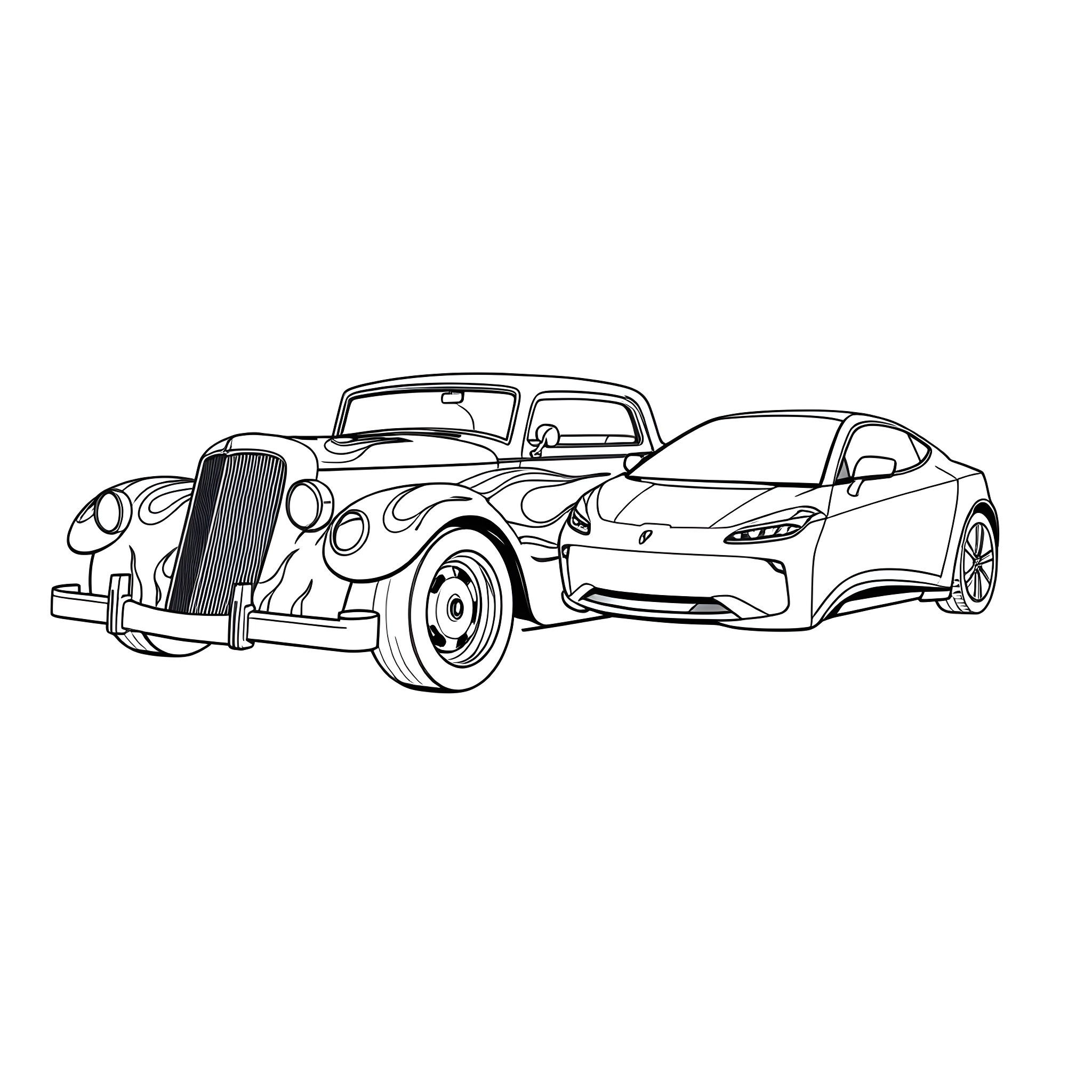 Car models from different eras showcased together Coloring Page (free black-and-white line drawing printable PDF for all, from beginners to advanced learners, including children, teens, adults, and seniors)
