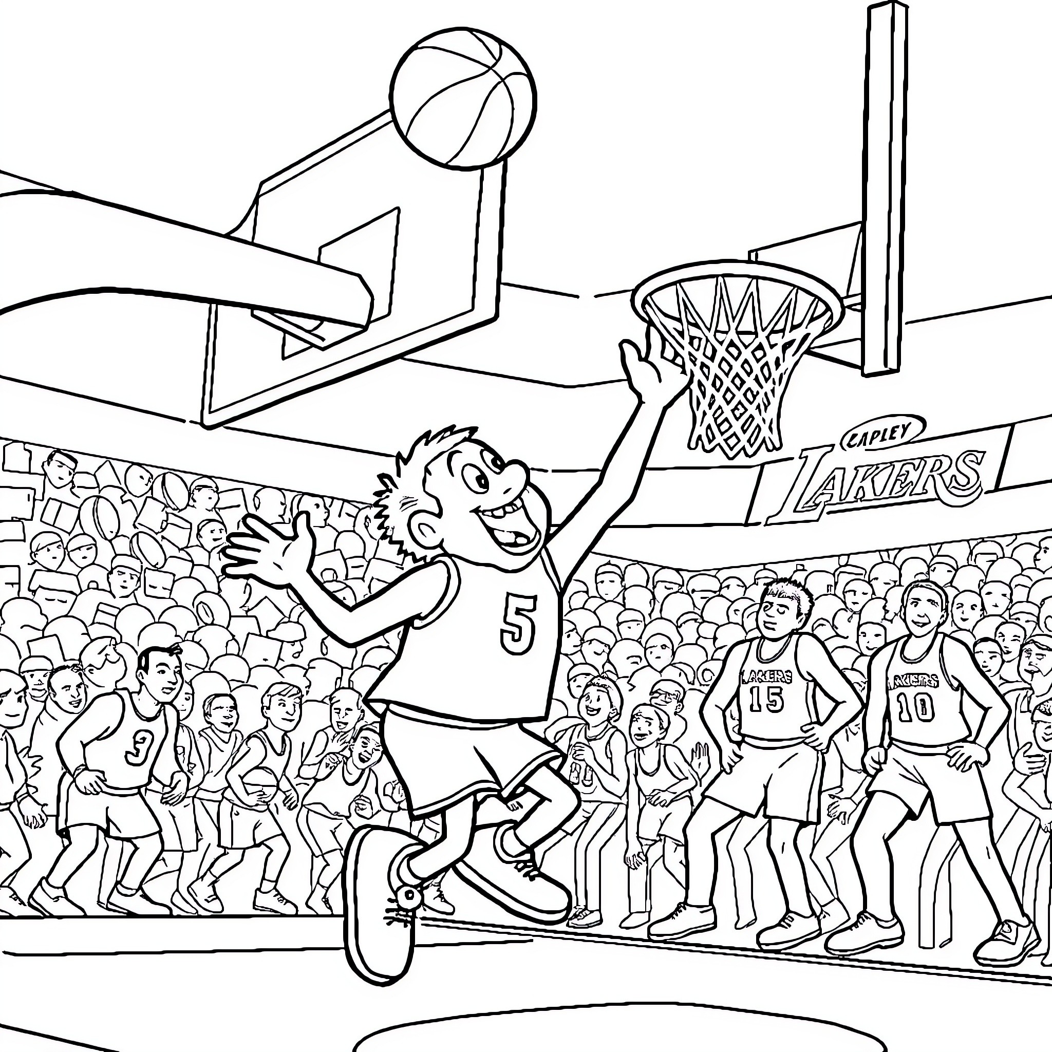 Mr. Tickle Playing Basketball in a Crowded Stadium Coloring Page (free black-and-white line drawing printable PDF for all, from beginners to advanced learners, including children, teens, adults, and seniors)
