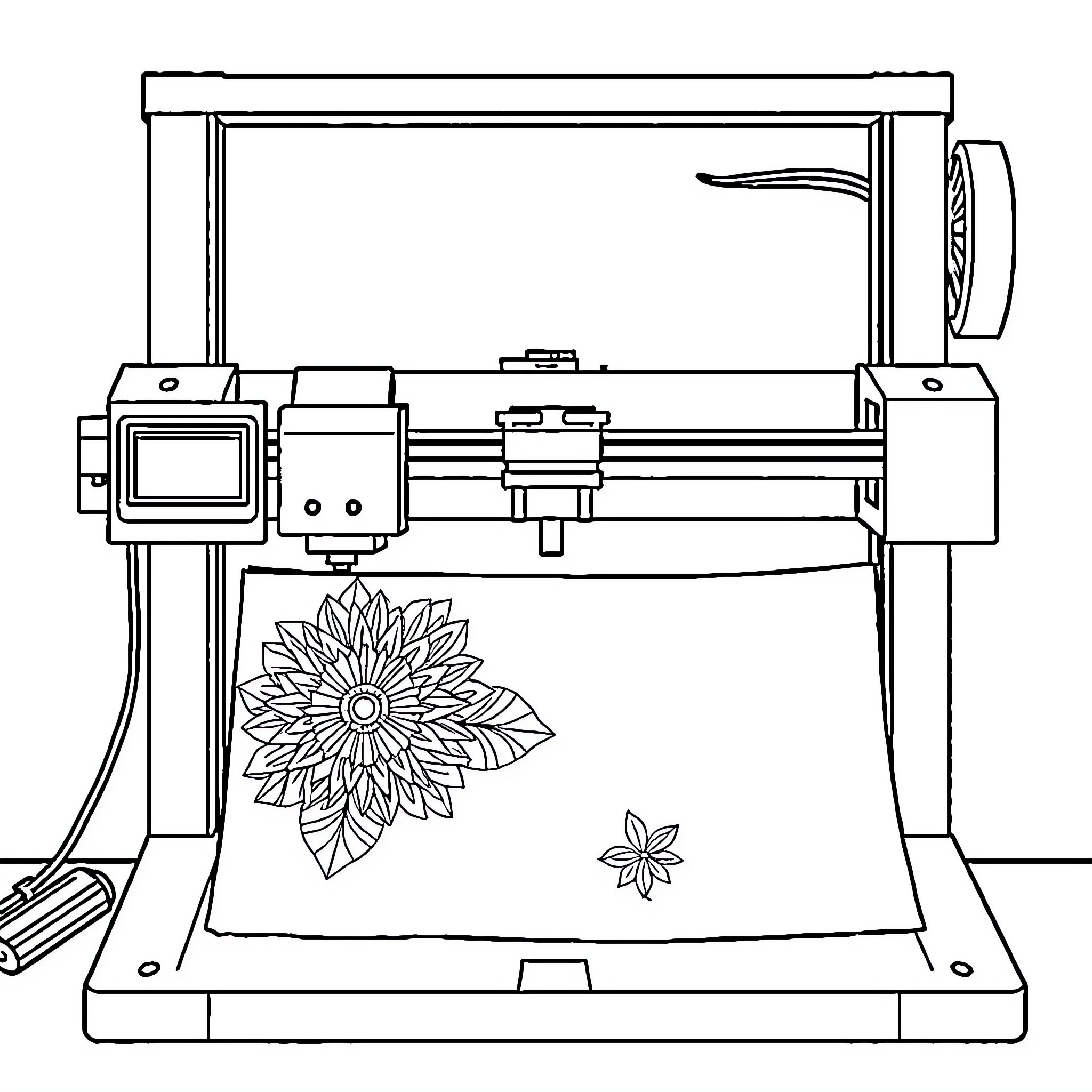 Printer creating intricate floral designs Coloring Page (free black-and-white line drawing printable PDF for all, from beginners to advanced learners, including children, teens, adults, and seniors)