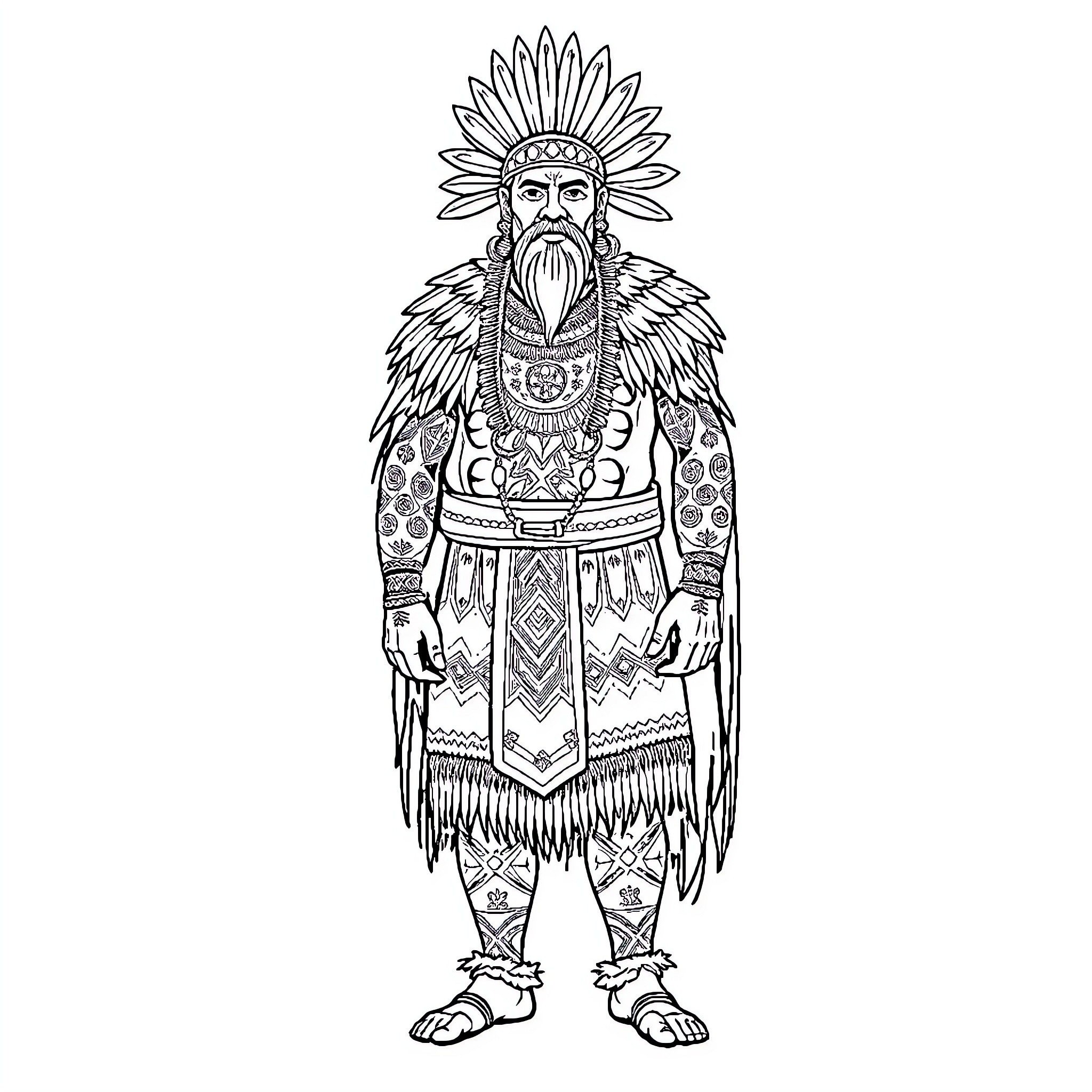 Māori Chief in Ceremonial Dress and Headdress Coloring Page (free black-and-white line drawing printable PDF for all, from beginners to advanced learners, including children, teens, adults, and seniors)