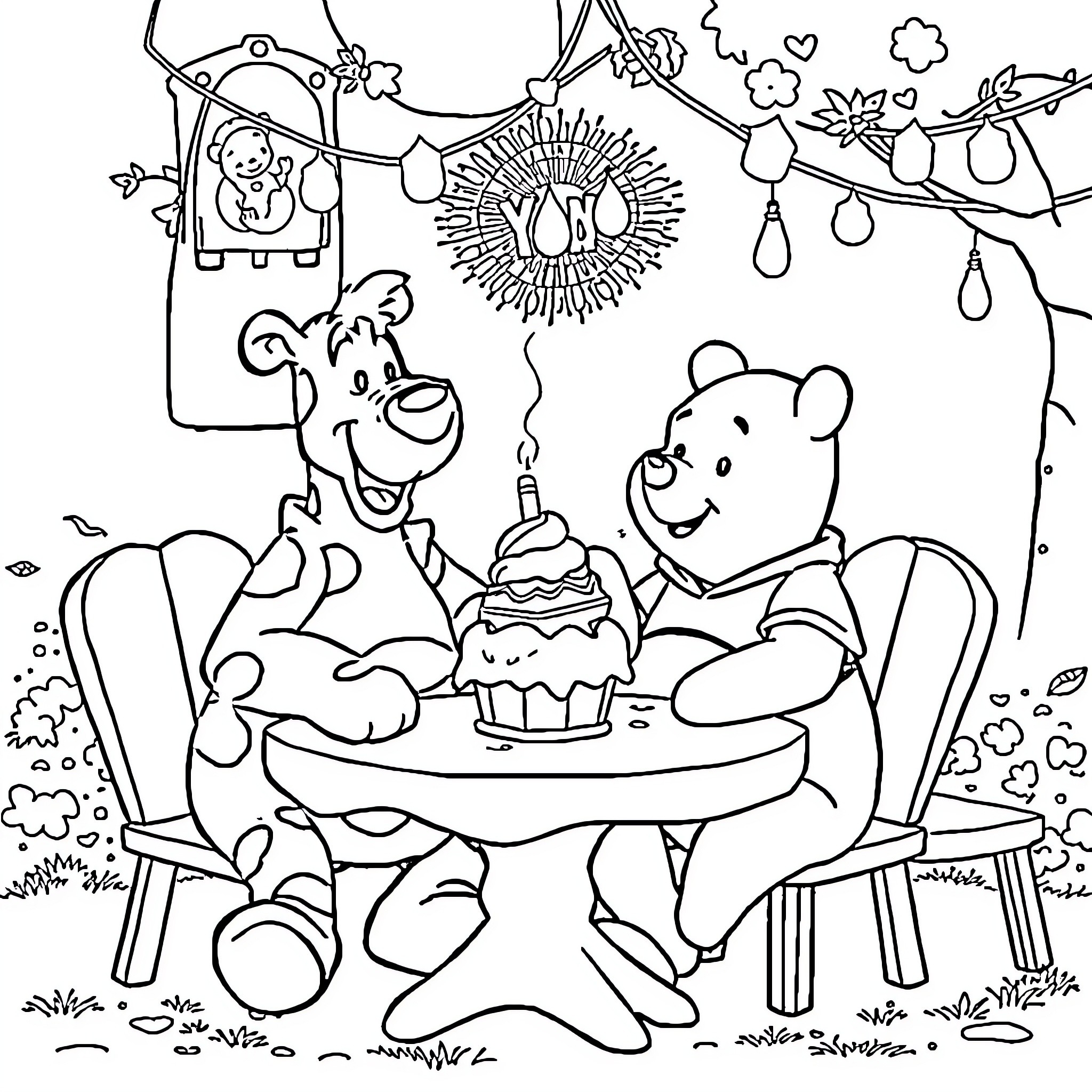 Oso's Birthday Celebration with Furry Friends Coloring Page (free black-and-white line drawing printable PDF for all, from beginners to advanced learners, including children, teens, adults, and seniors)
