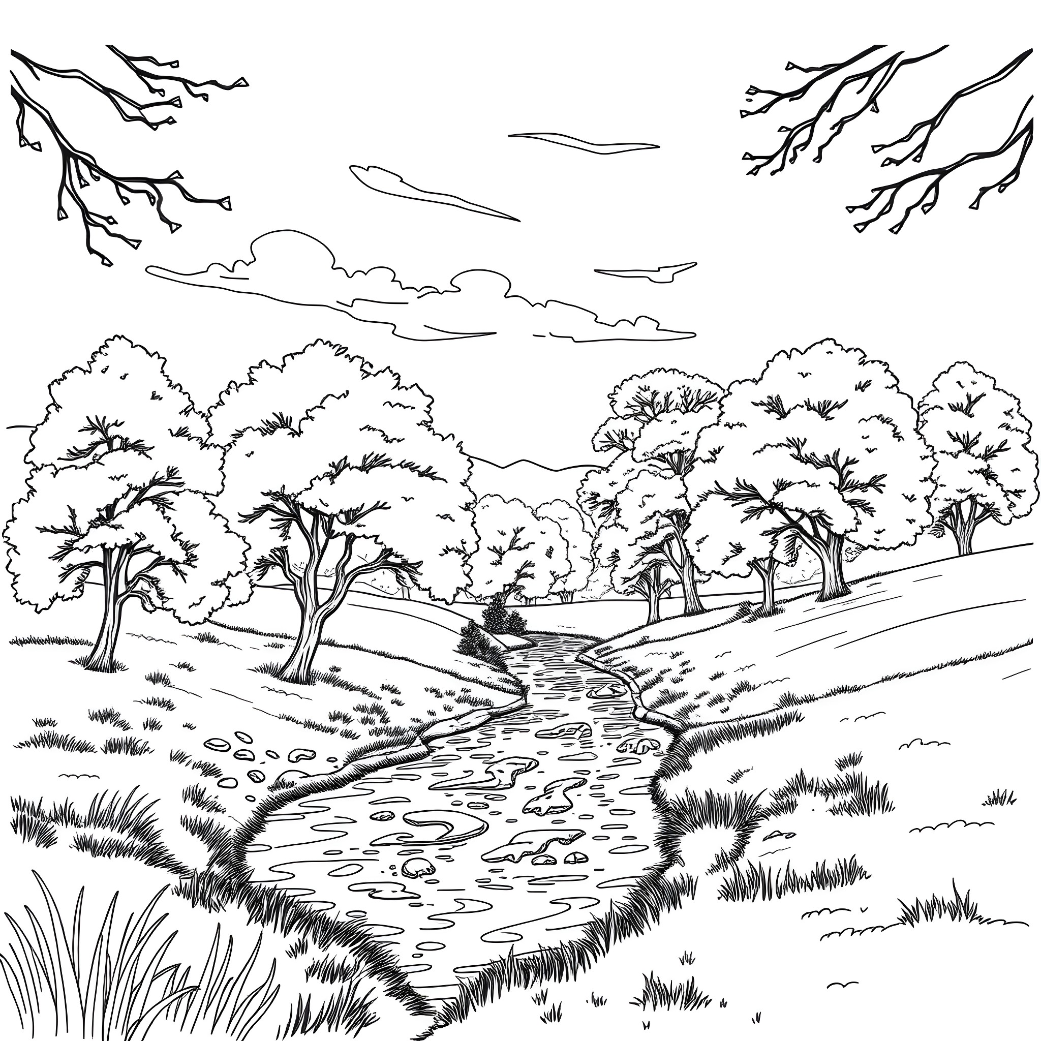 Outdoor scenic landscape with winding stream and trees Coloring Page (free black-and-white line drawing printable PDF for all, from beginners to advanced learners, including children, teens, adults, and seniors)