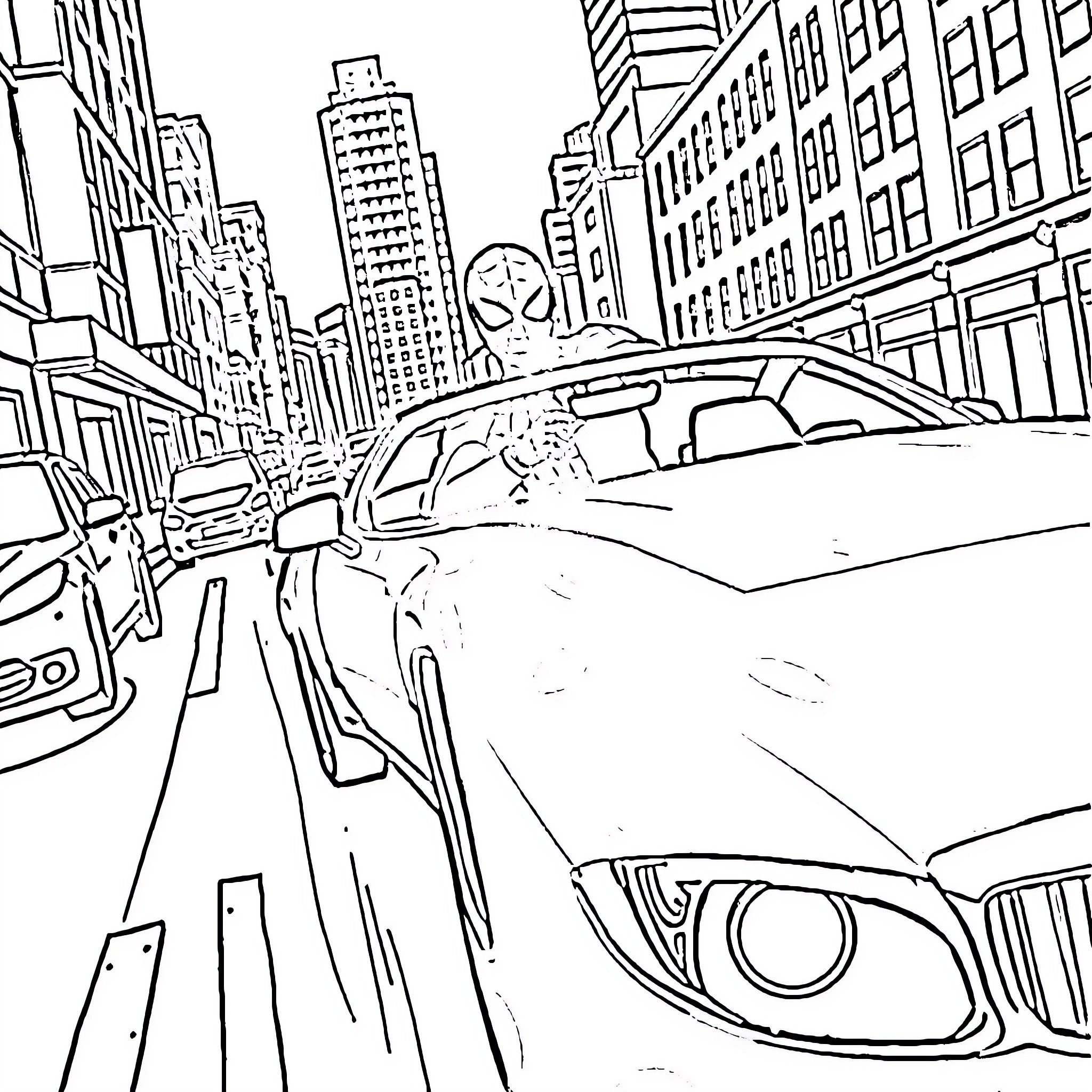 Spiderman swinging through the city skyline Coloring Page (free black-and-white line drawing printable PDF for all, from beginners to advanced learners, including children, teens, adults, and seniors)