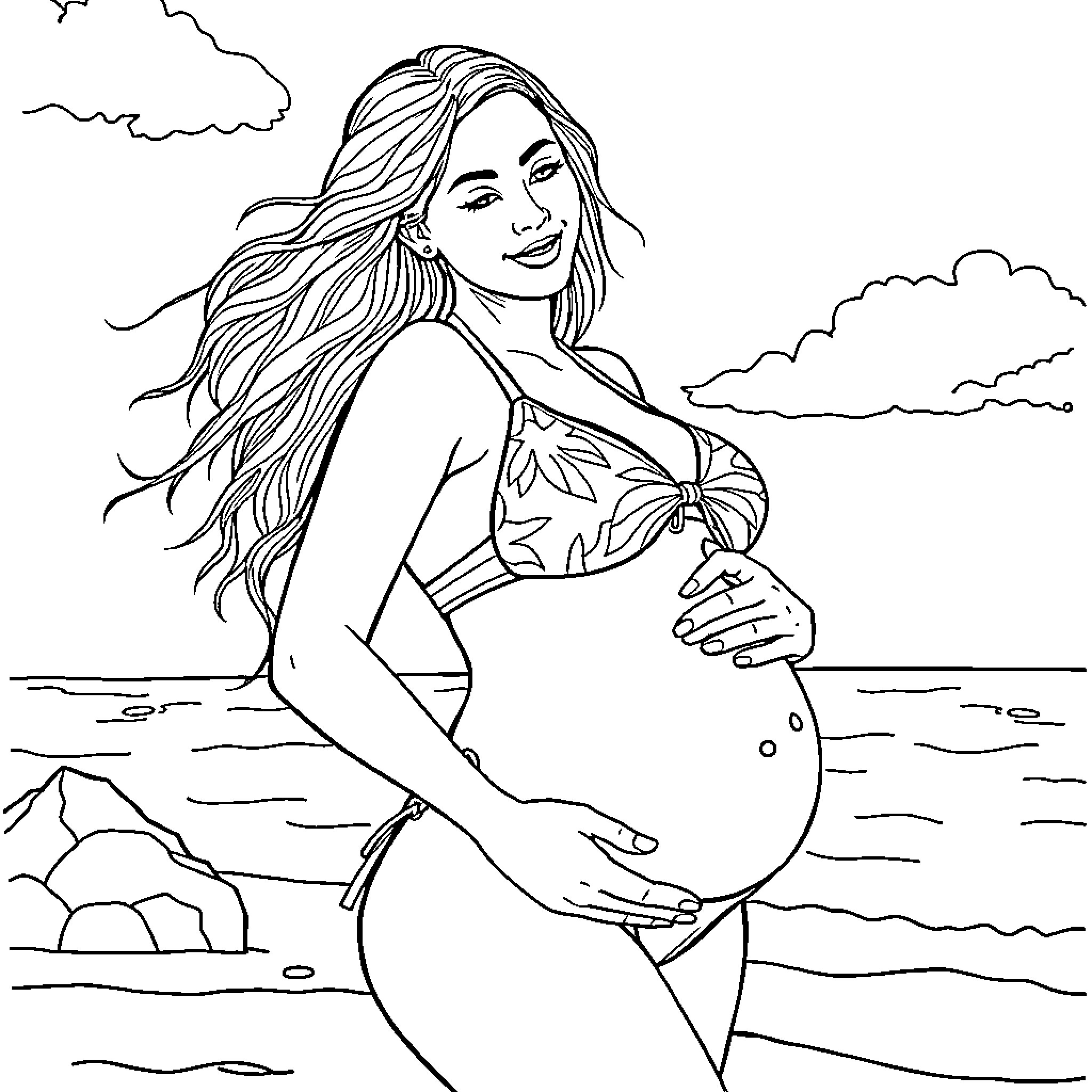 Mom relaxing on the beach with a beautiful ocean view Coloring Page (free black-and-white line drawing printable PDF for all, from beginners to advanced learners, including children, teens, adults, and seniors)