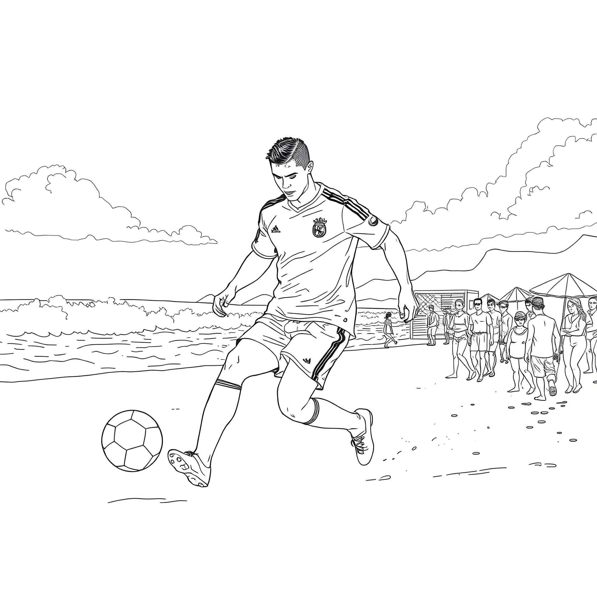 Cristiano Ronaldo kicking soccer ball on beach with crowd Coloring Page (free black-and-white line drawing printable PDF for all, from beginners to advanced learners, including children, teens, adults, and seniors)