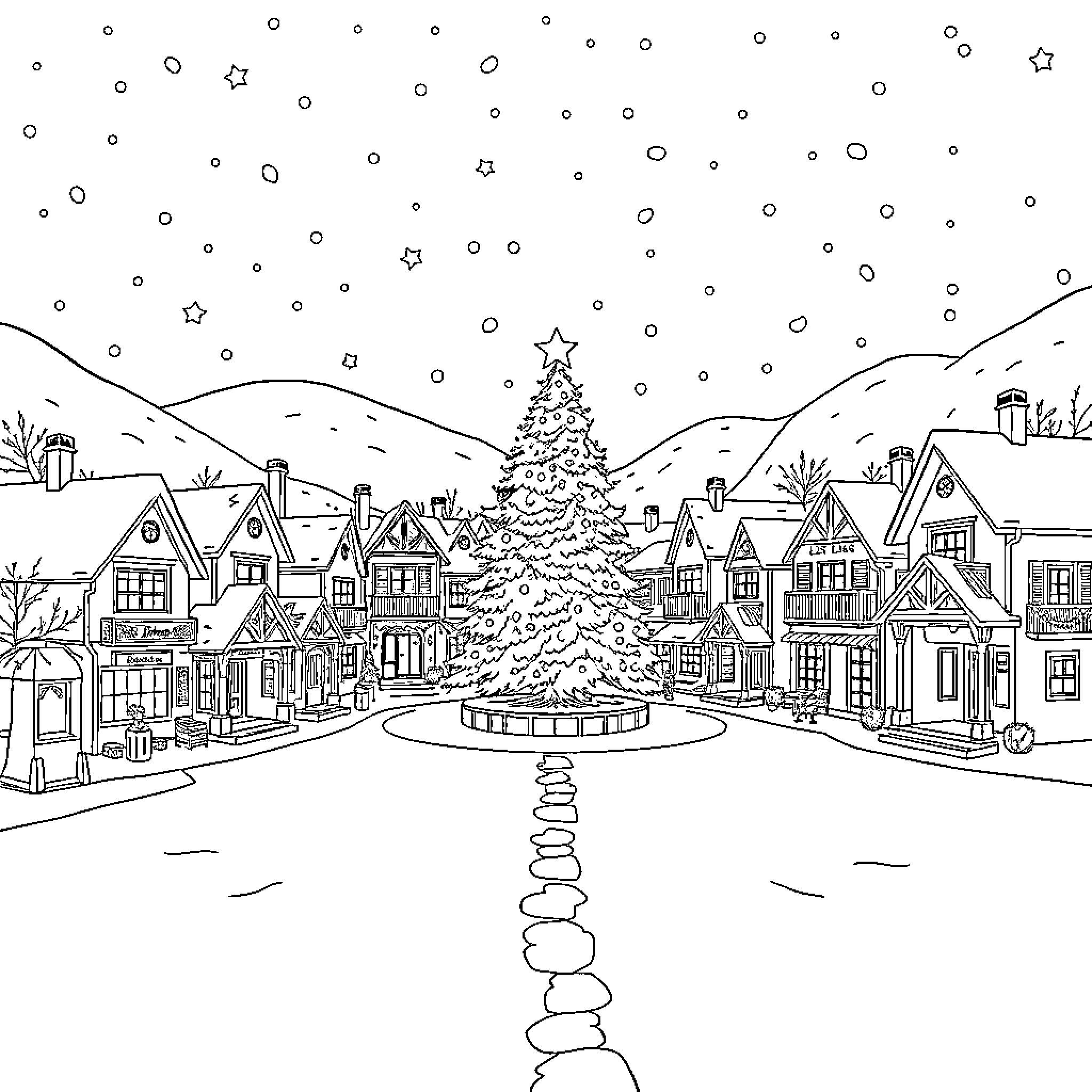 Pueblo town with festive Christmas tree and decor Coloring Page (free black-and-white line drawing printable PDF for all, from beginners to advanced learners, including children, teens, adults, and seniors)
