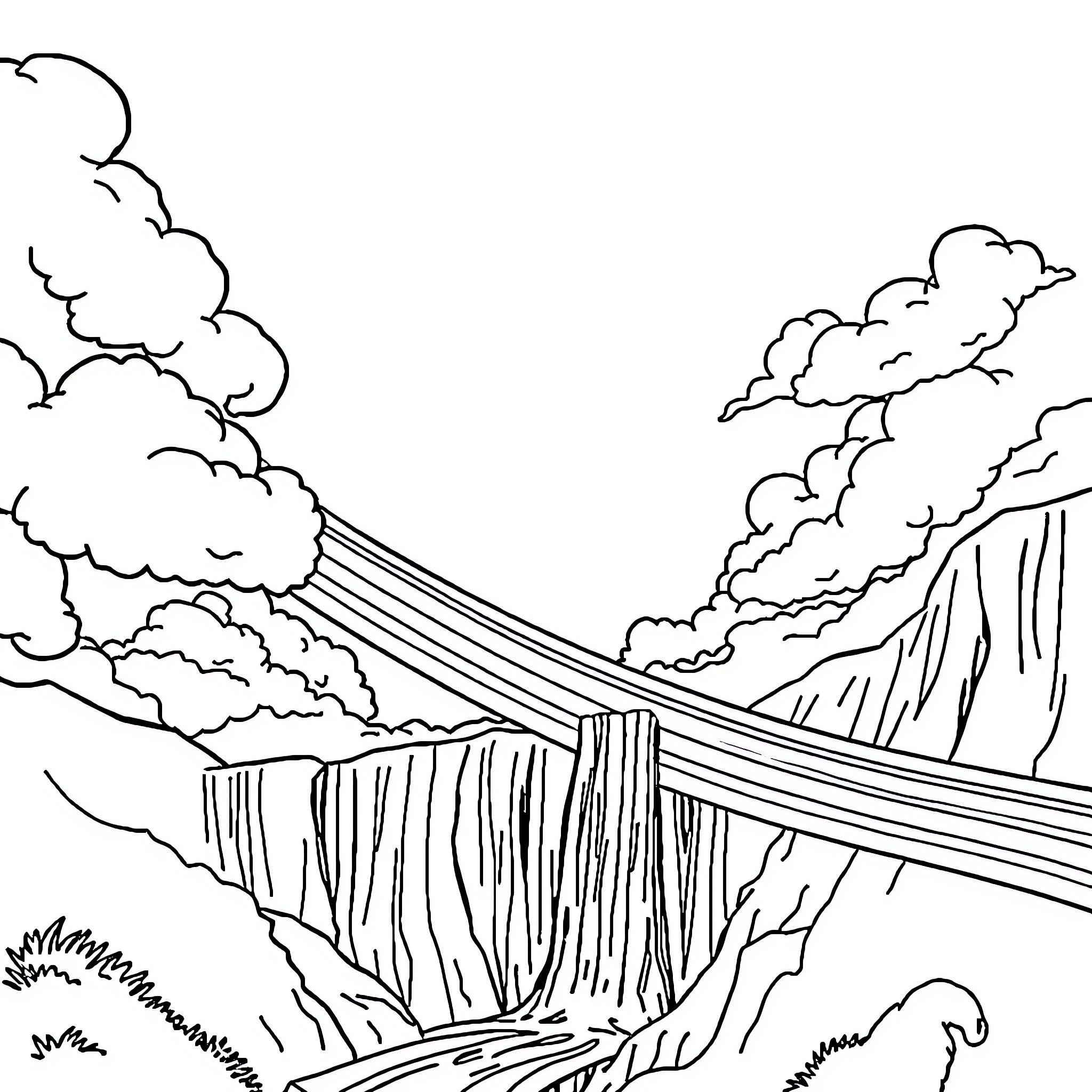 Rainbow Waterfall Flowing Through Rocky Cliffs Coloring Page (free black-and-white line drawing printable PDF for all, from beginners to advanced learners, including children, teens, adults, and seniors)
