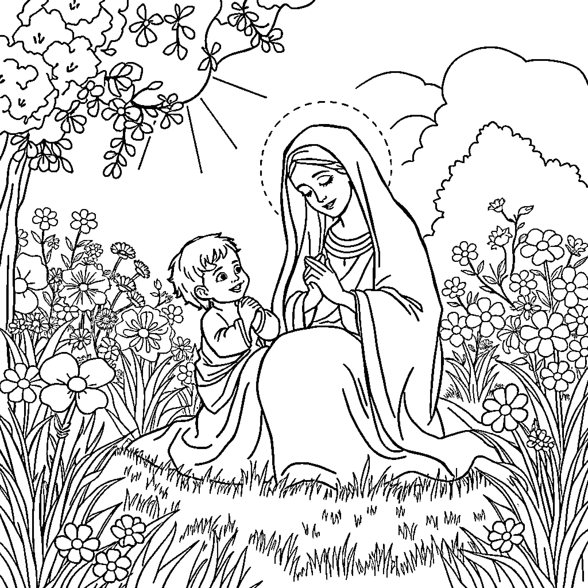 Mary comforting a young child in a floral garden Coloring Page (free black-and-white line drawing printable PDF for all, from beginners to advanced learners, including children, teens, adults, and seniors)