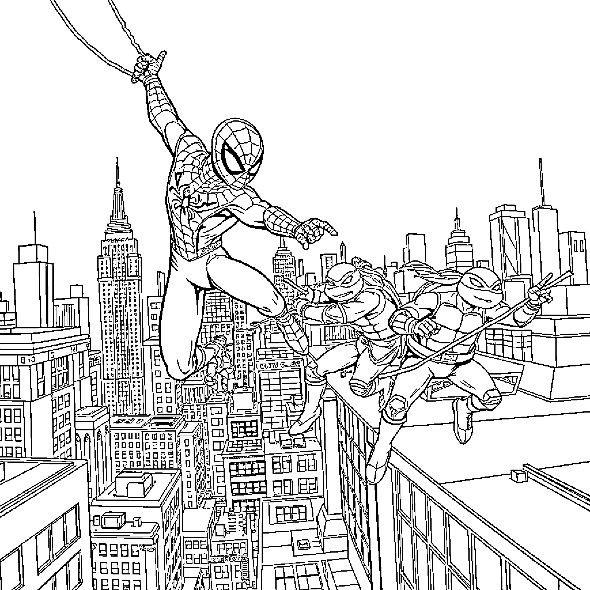 Spiderman swinging through the city with Teenage Mutant Ninja Turtles Coloring Page (free black-and-white line drawing printable PDF for all, from beginners to advanced learners, including children, teens, adults, and seniors)