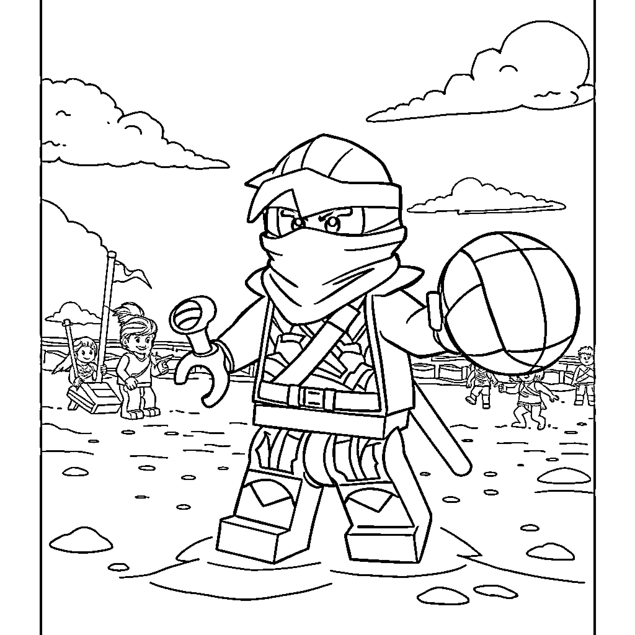 Ninjago warriors in action-packed adventure Coloring Page (free black-and-white line drawing printable PDF for all, from beginners to advanced learners, including children, teens, adults, and seniors)