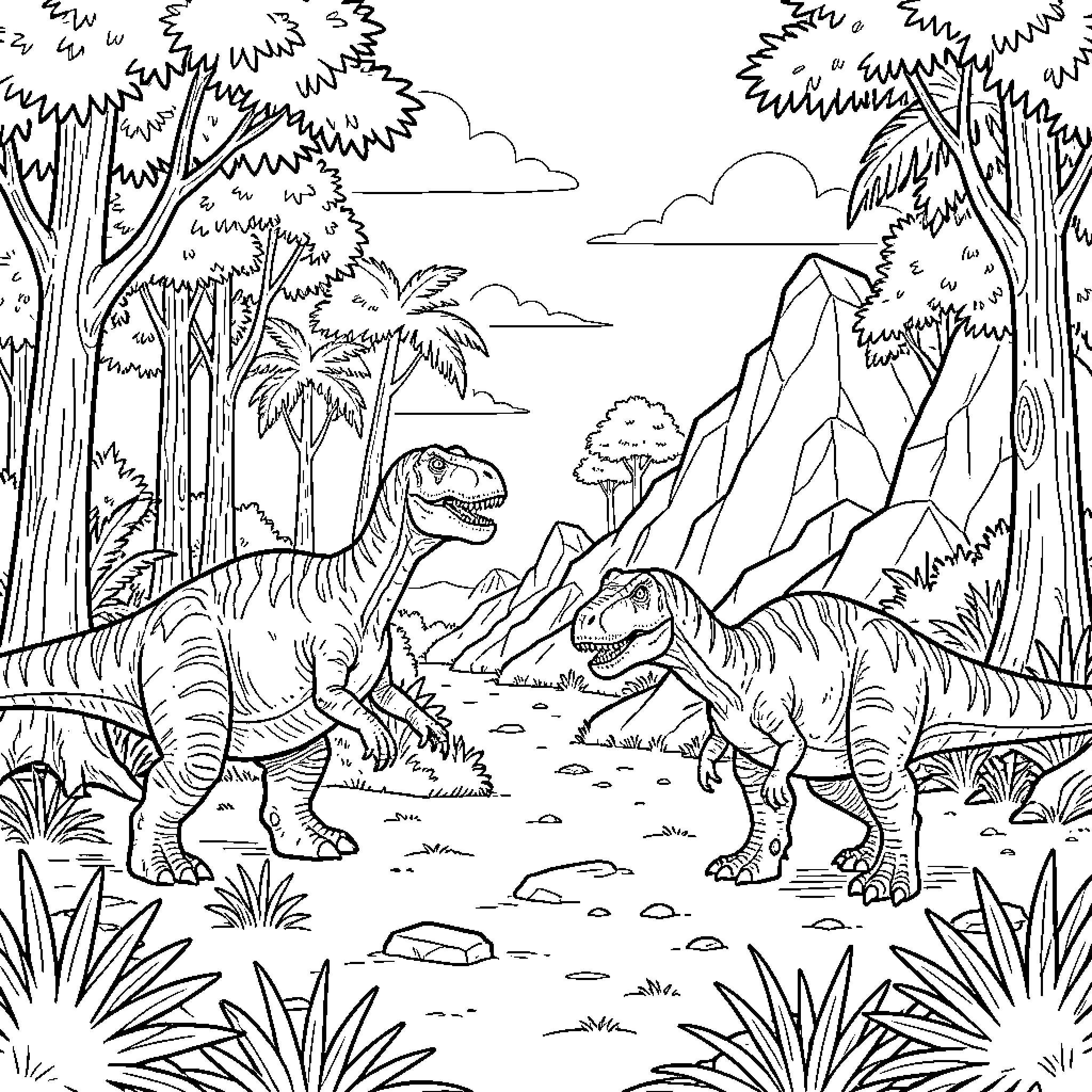 Dinosaur walking through a lush prehistoric jungle Coloring Page (free black-and-white line drawing printable PDF for all, from beginners to advanced learners, including children, teens, adults, and seniors)